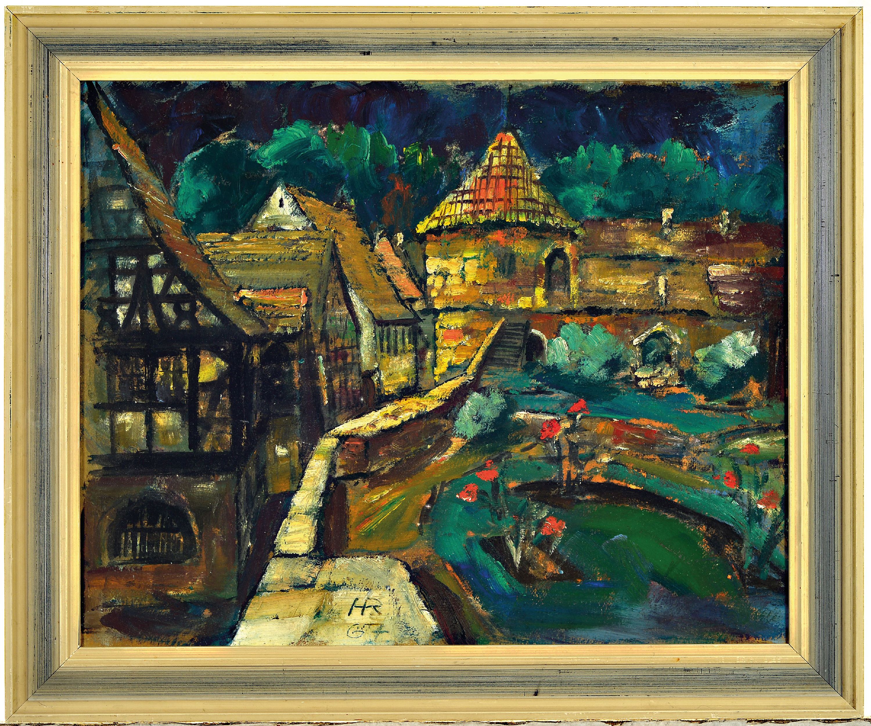 Detail k: Heinz Reiss, 1923 Haßloch-2008, Ansicht aus Dörrenbach, mittig unten monogrammiert und datiert 1967, Öl/Karton, Rahmen 48x59 cm