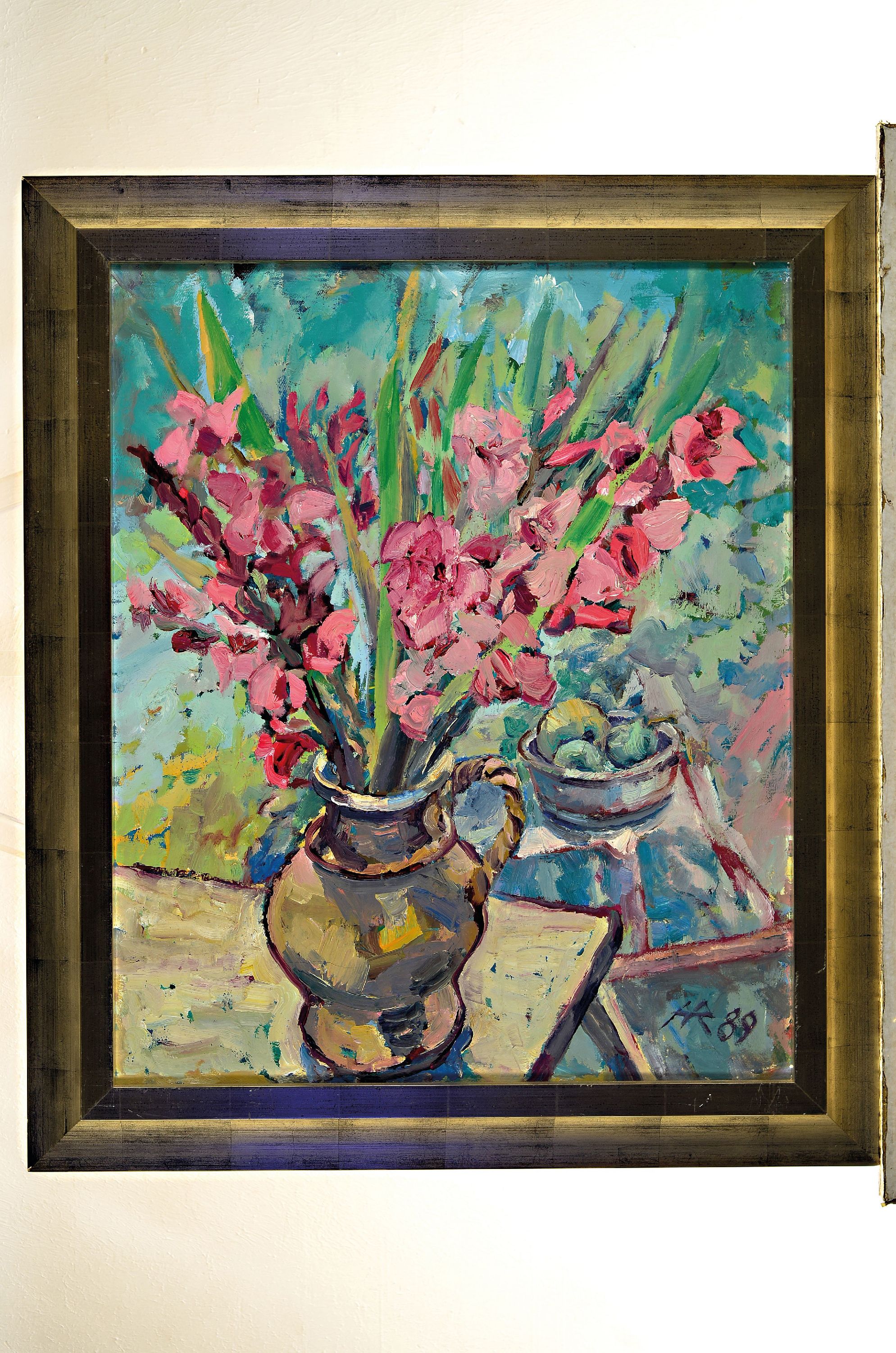 Detail k: Heinz Reiss, 1923 Haßloch-2008, Blumenstillleben mit Gladiolen, 1989, monogrammiert, Öl/Lwd, Rahmen 72x62 cm