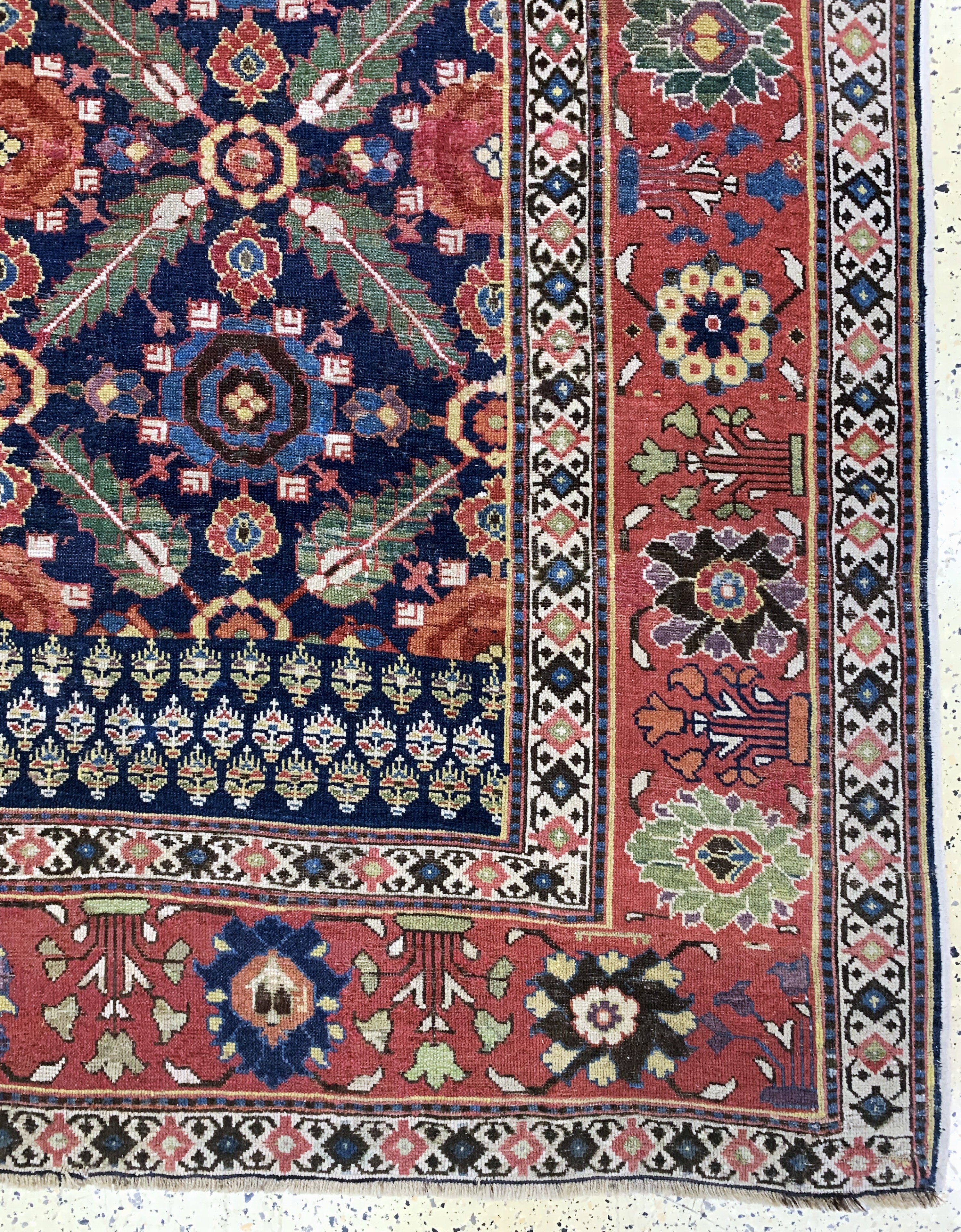 Detail a: Antiker"Saujbulagh"Kelley, Persien, 19.Jhd,Wolle auf Wolle, ca. 426 x 193 cm, EHZ: 2-3, fachkundig restauriert & gereinigt.