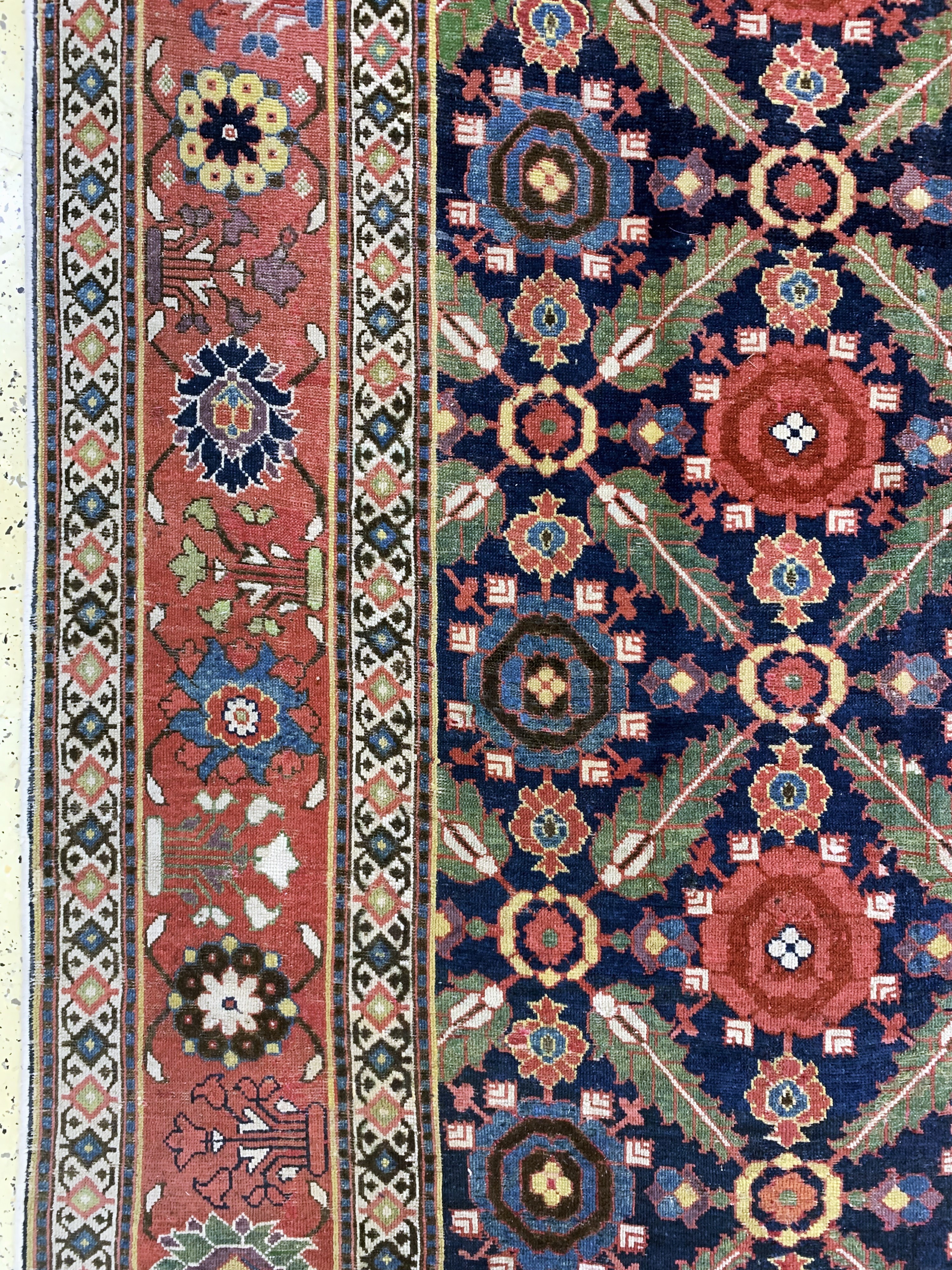 Detail c: Antiker"Saujbulagh"Kelley, Persien, 19.Jhd,Wolle auf Wolle, ca. 426 x 193 cm, EHZ: 2-3, fachkundig restauriert & gereinigt.
