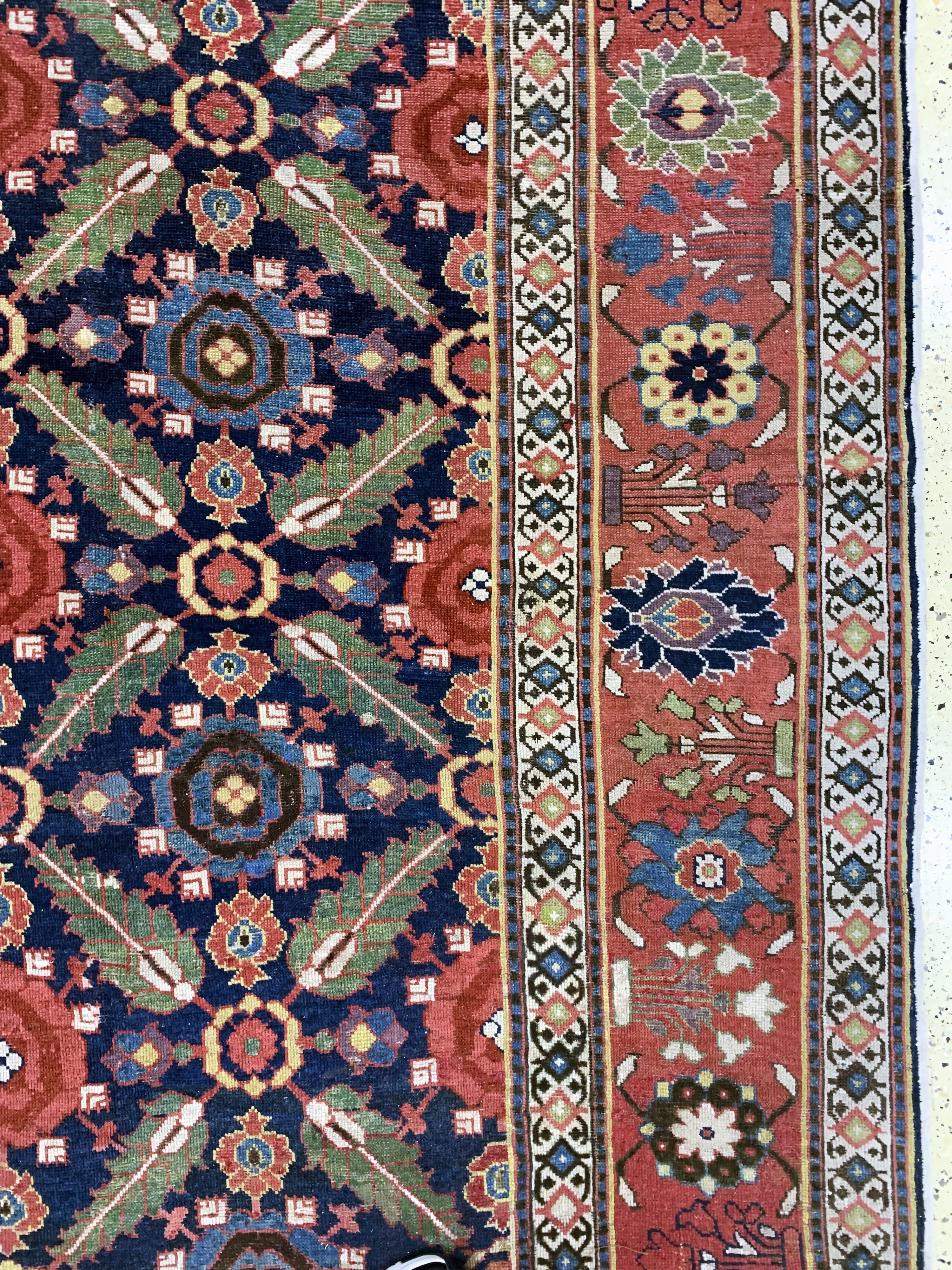 Detail d: Antiker"Saujbulagh"Kelley, Persien, 19.Jhd,Wolle auf Wolle, ca. 426 x 193 cm, EHZ: 2-3, fachkundig restauriert & gereinigt.