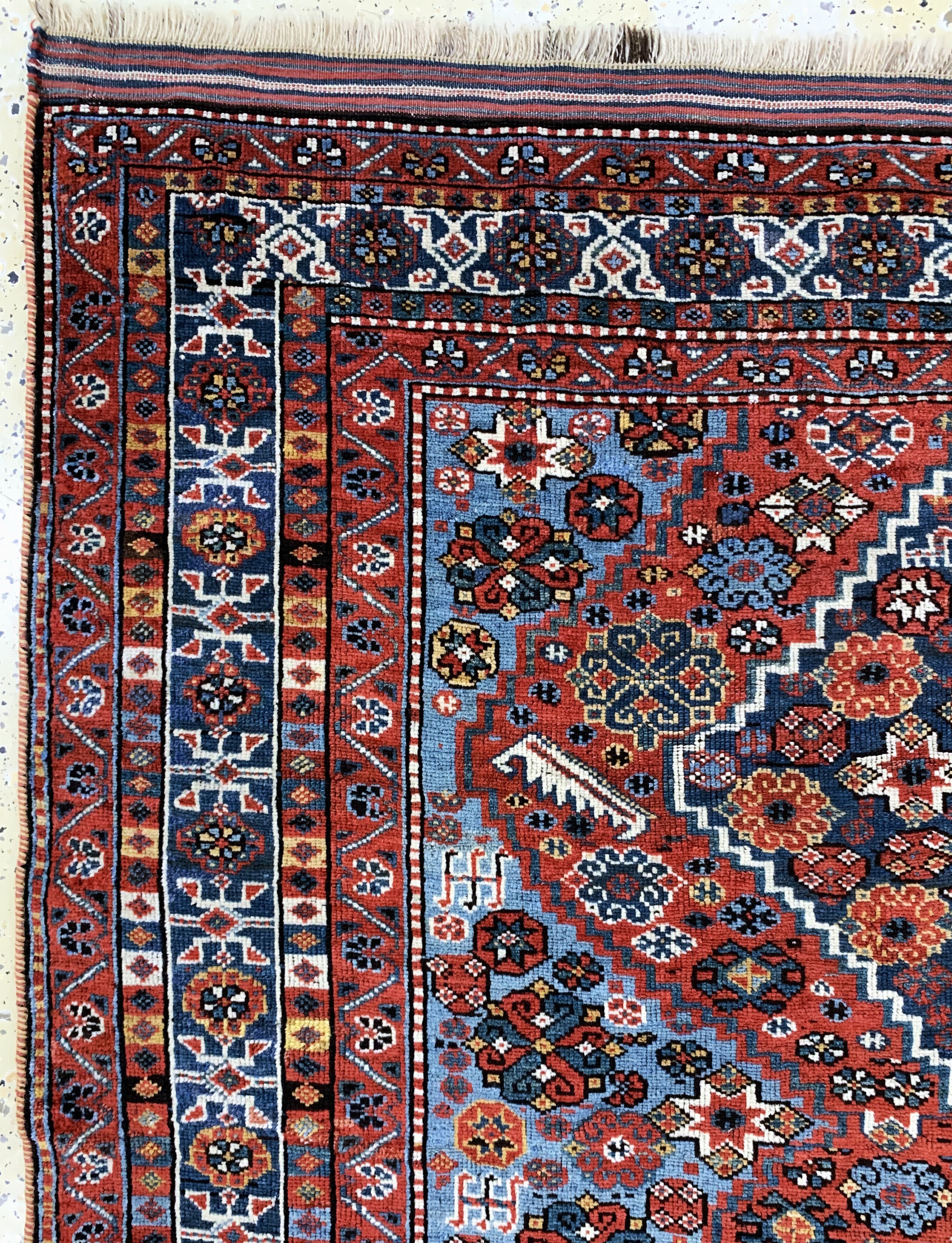 Detail e: Khamseh antik, Persien, um 1900, Wolle auf Wolle, ca. 268 x 163 cm, EHZ: 2-3