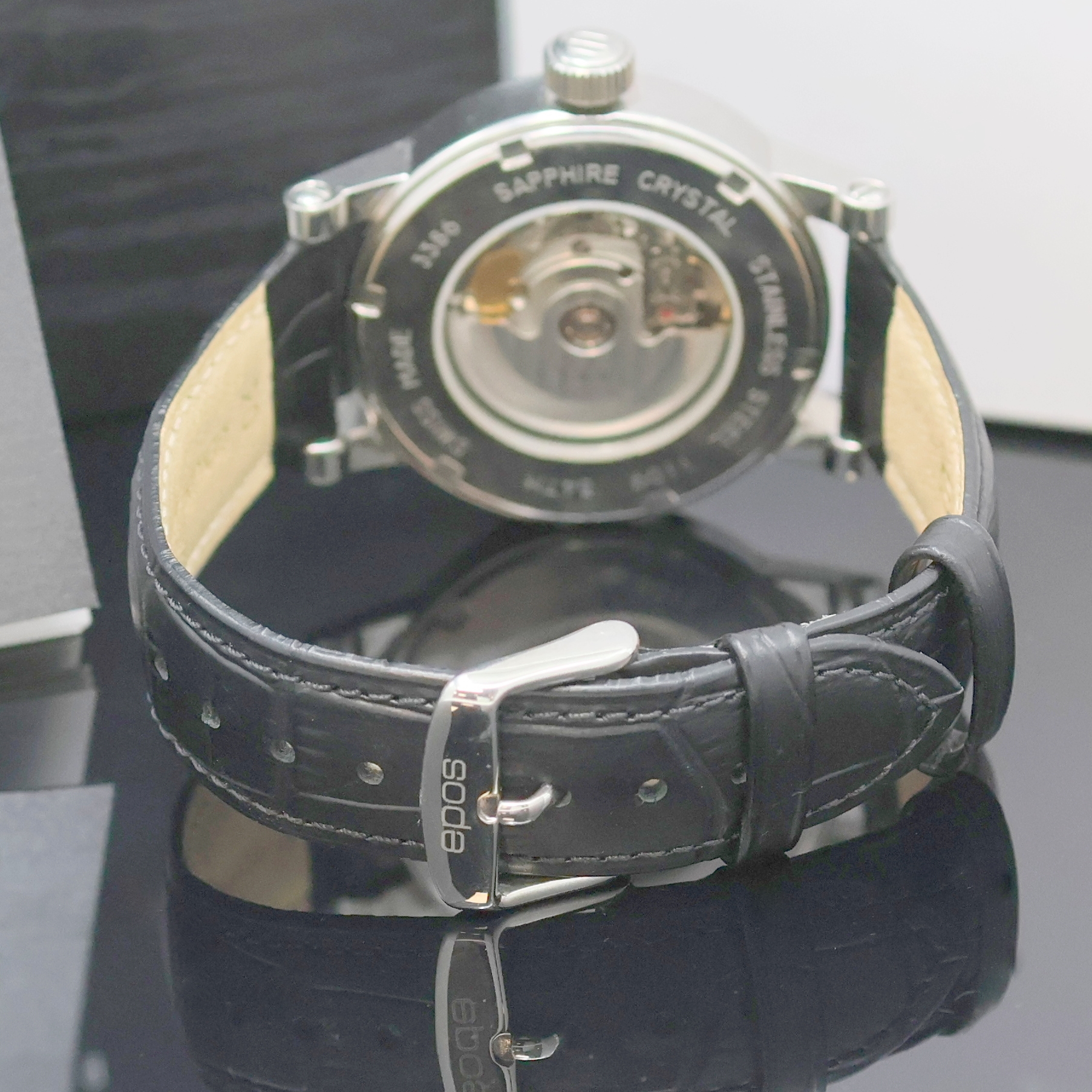 Detail c: EPOS Sophistiquee Herrenarmbanduhr Referenz 3386, Schweiz verk. lt. beil. Pap. 01/2017, Automatik, Edelstahlgeh., beids. vergl., Saphirglas, Boden ...
