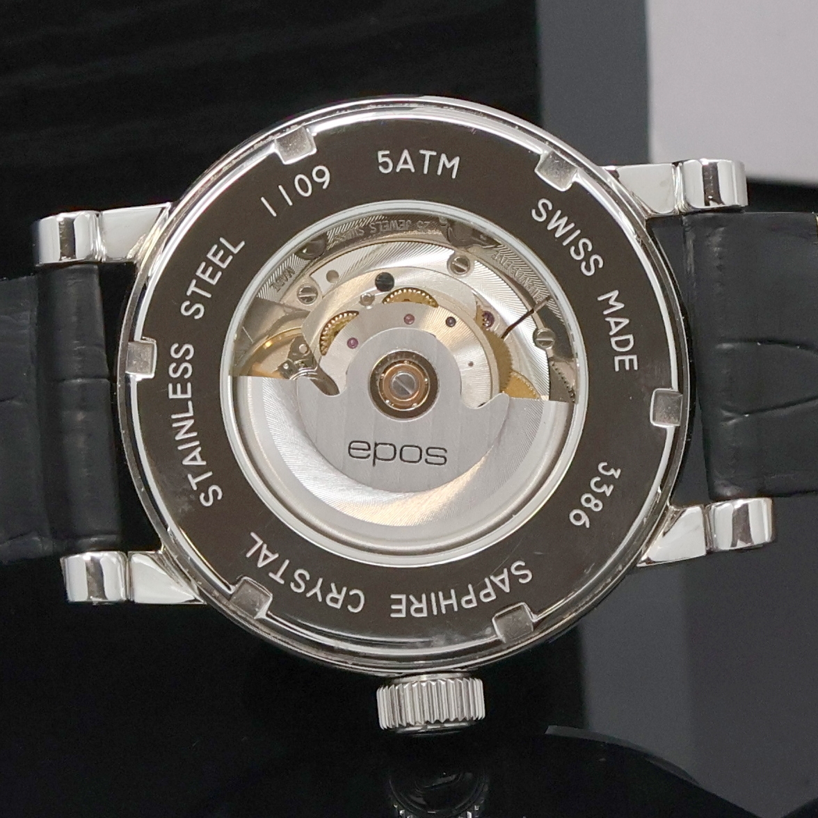 Detail g: EPOS Sophistiquee Herrenarmbanduhr Referenz 3386, Schweiz verk. lt. beil. Pap. 01/2017, Automatik, Edelstahlgeh., beids. vergl., Saphirglas, Boden ...