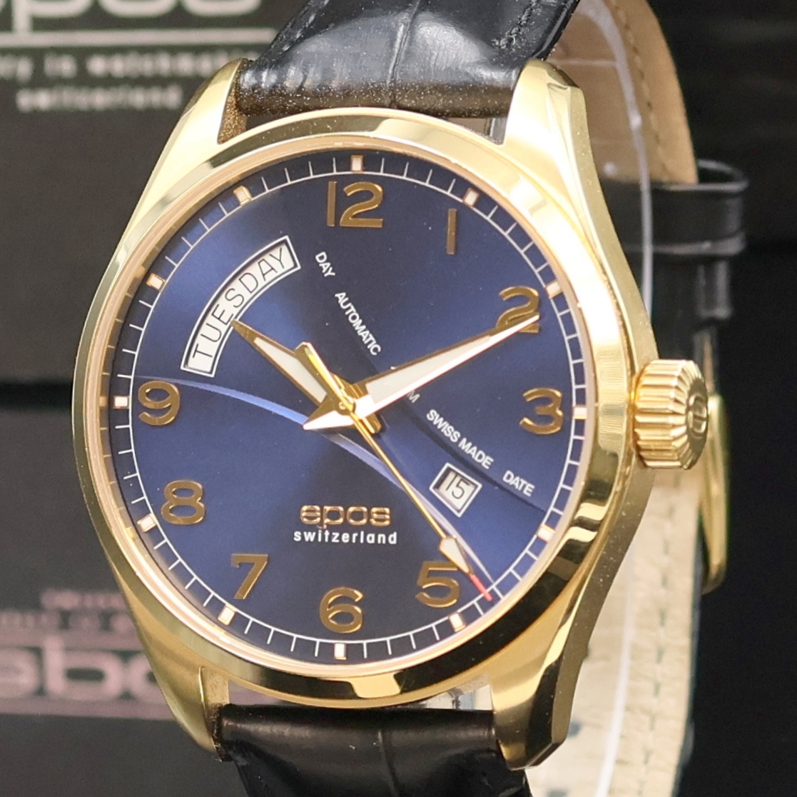 Detail a: EPOS Timeless vergoldete Herrenarmbanduhr Referenz 3402M, Schweiz lt. beil. Pap. verk. 08/2017, Automatik, beids. vergl., Edelstahlboden 4-fach ...