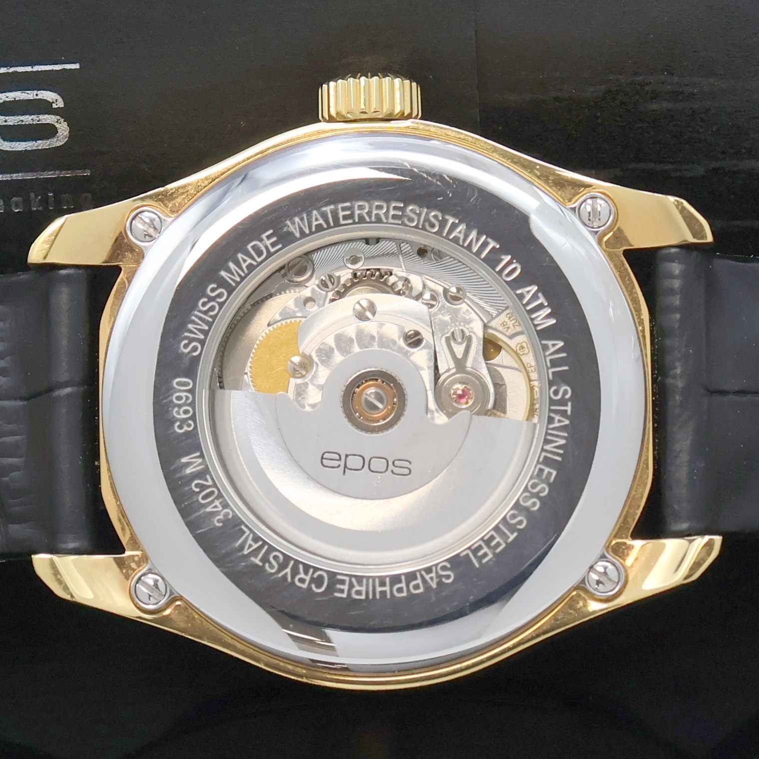 Detail f: EPOS Timeless vergoldete Herrenarmbanduhr Referenz 3402M, Schweiz lt. beil. Pap. verk. 08/2017, Automatik, beids. vergl., Edelstahlboden 4-fach ...