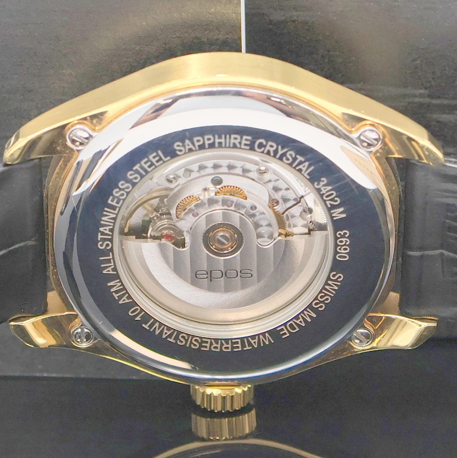 Detail g: EPOS Timeless vergoldete Herrenarmbanduhr Referenz 3402M, Schweiz lt. beil. Pap. verk. 08/2017, Automatik, beids. vergl., Edelstahlboden 4-fach ...