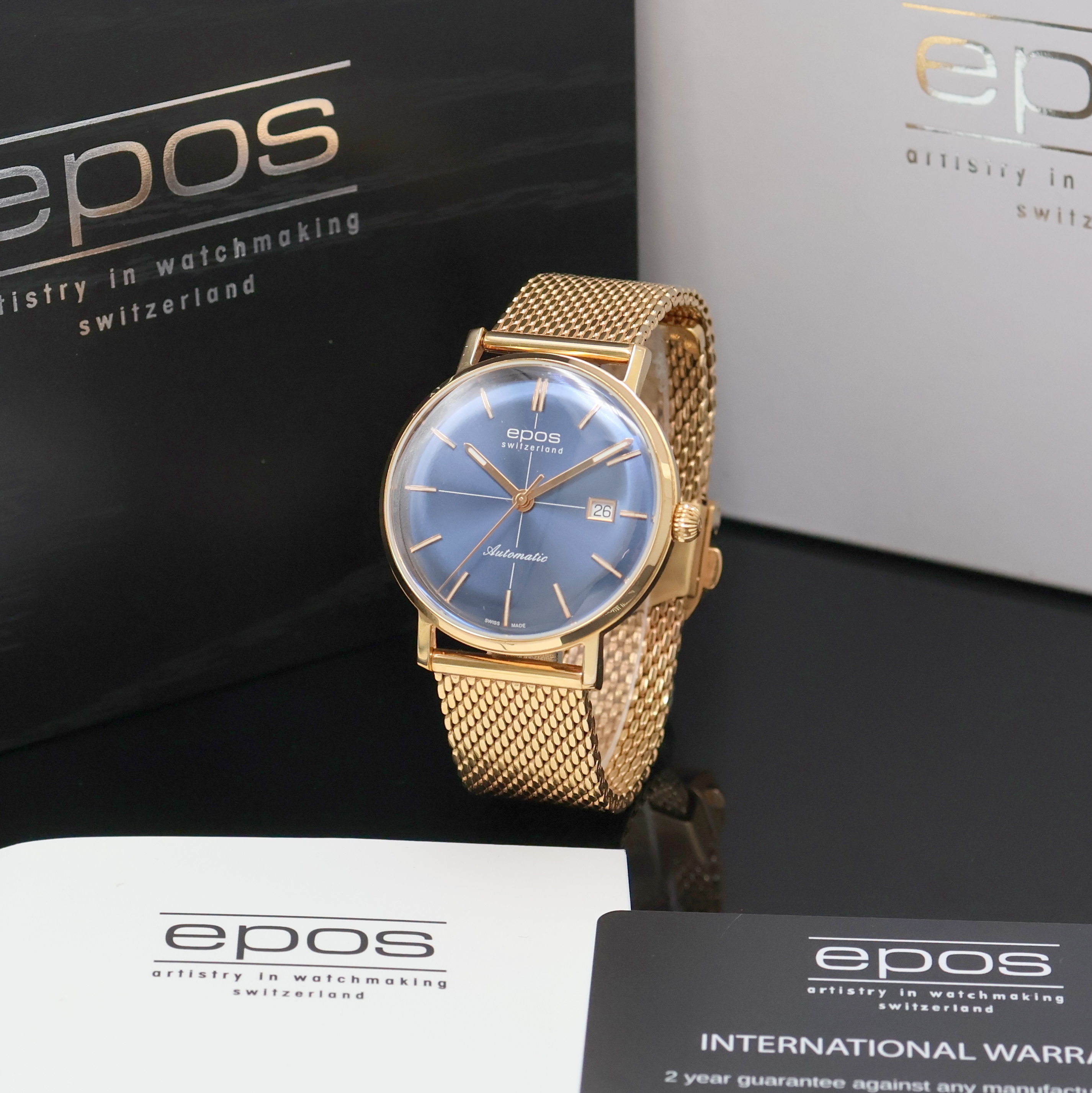 EPOS Herrenarmbanduhr Referenz 3437K, Schweiz lt. Pap. verk. 01/2020, Automatik, verg. 3-teil. Geh. an verg. Milanaiseband m. Faltschl., 4-fach ...