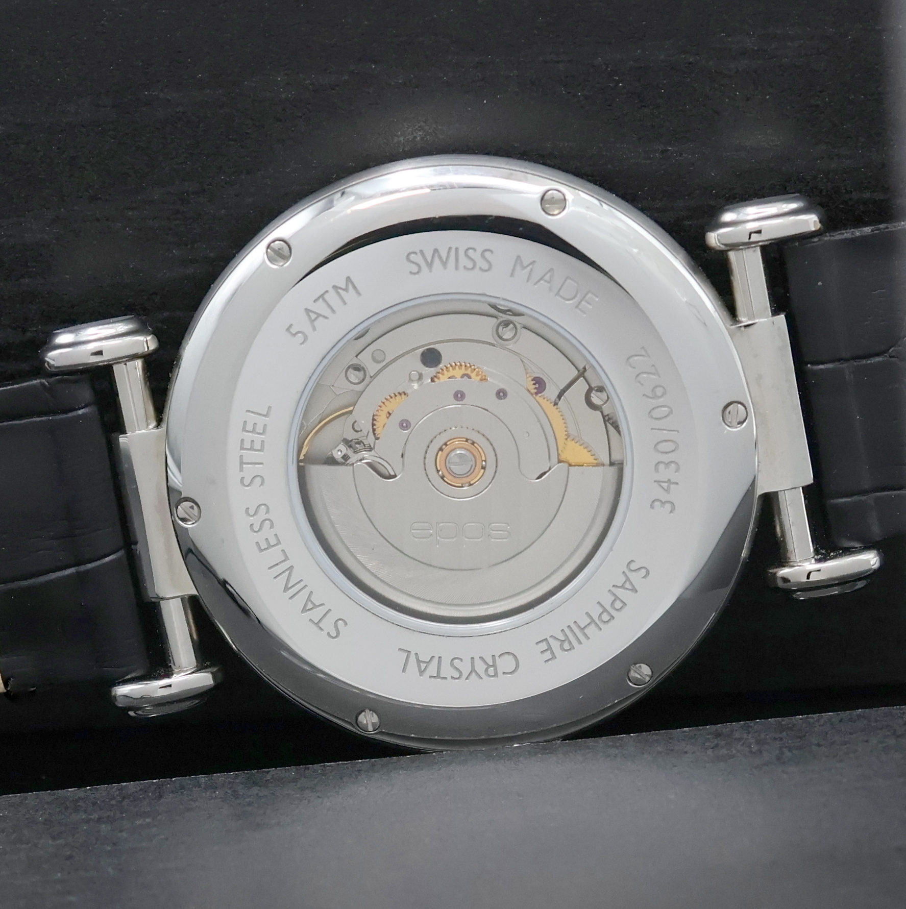 Detail f: EPOS Originale Herrenarmbanduhr Referenz 3430, Schweiz lt. beil. Pap. verk. 09/2017, Automatik, Edelstahlgeh., beids. vergl., Saphirglas, Boden ...