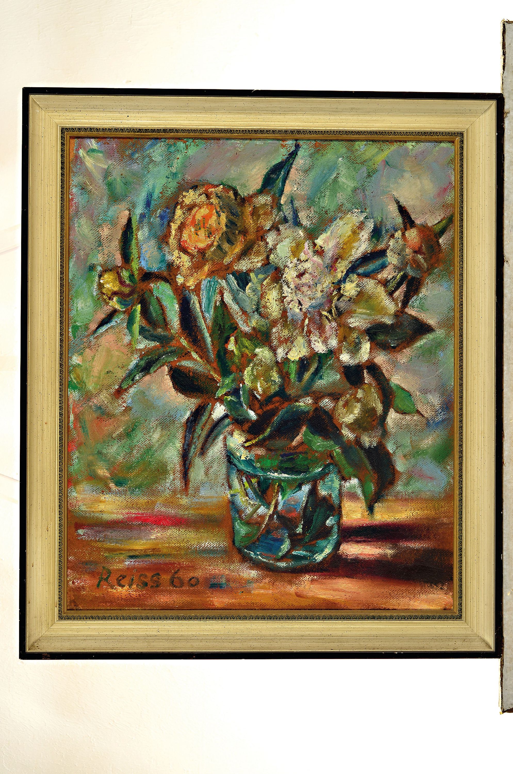 Detail k: Heinz Reiss, 1923 Haßloch-2008, Blumenstillleben mit Pfingstrosen, 1960, signiert und datiert, Öl/Malkarton, Rahmen 64x54 cm