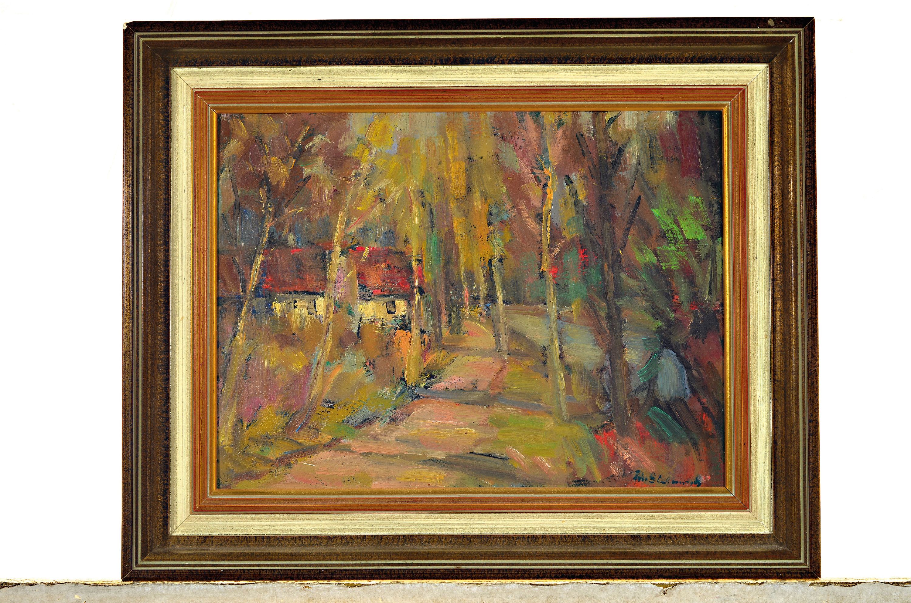 Detail k: Philippe Steinmetz, 1900-1987 Landau, Haus am Bacg, ÖL/Hartfaser, rechts unten signiert, rückseitig Widmung, ca. 26x35cm, R. ca. 35x44cm