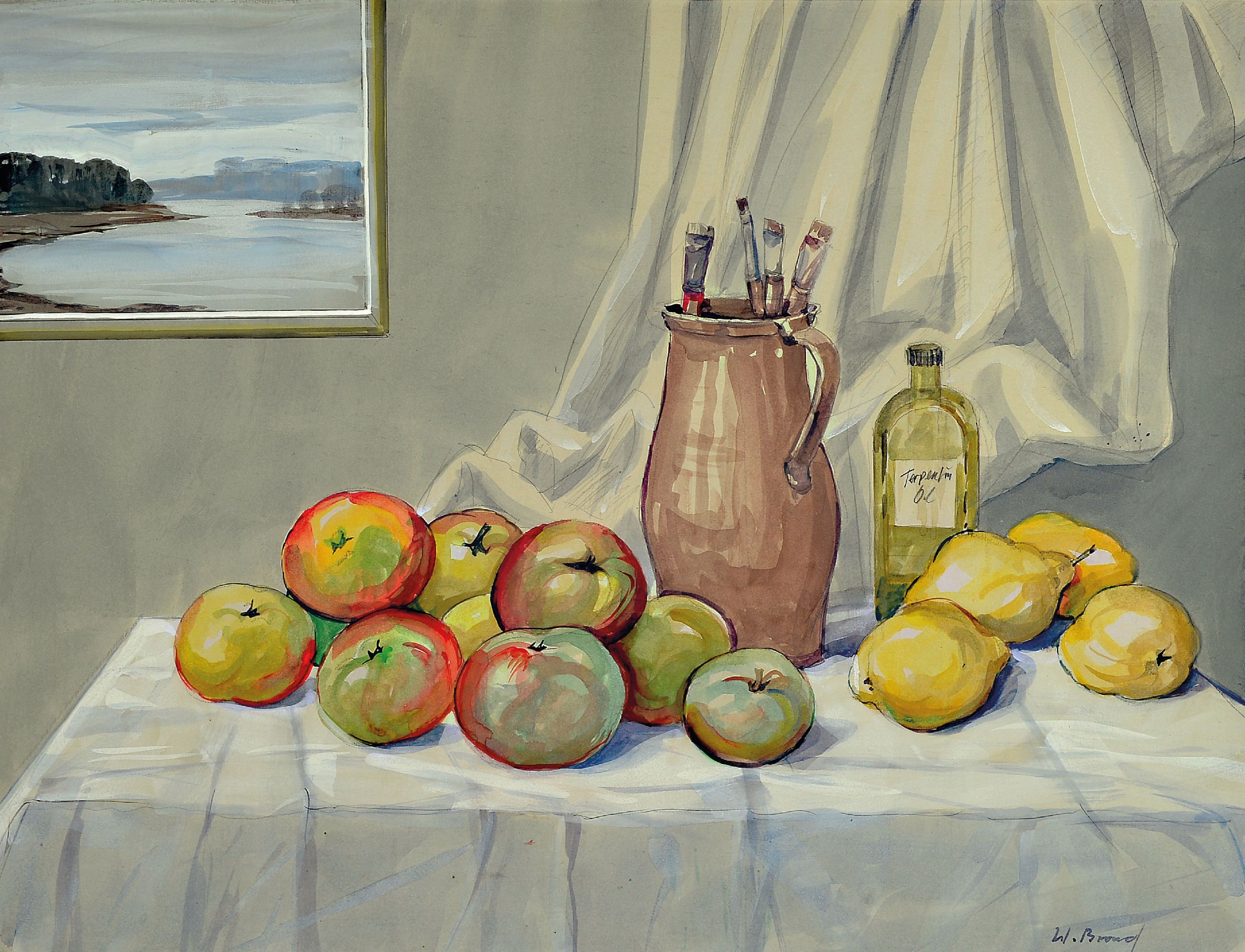 Werner Brand, 1933 Löbau-2021 Hochstadt, Aquarell, Stillleben mit Terpentin Flasche einem Krug mit Pinseln, Äpfel und Gemälde des Altrheins, ...