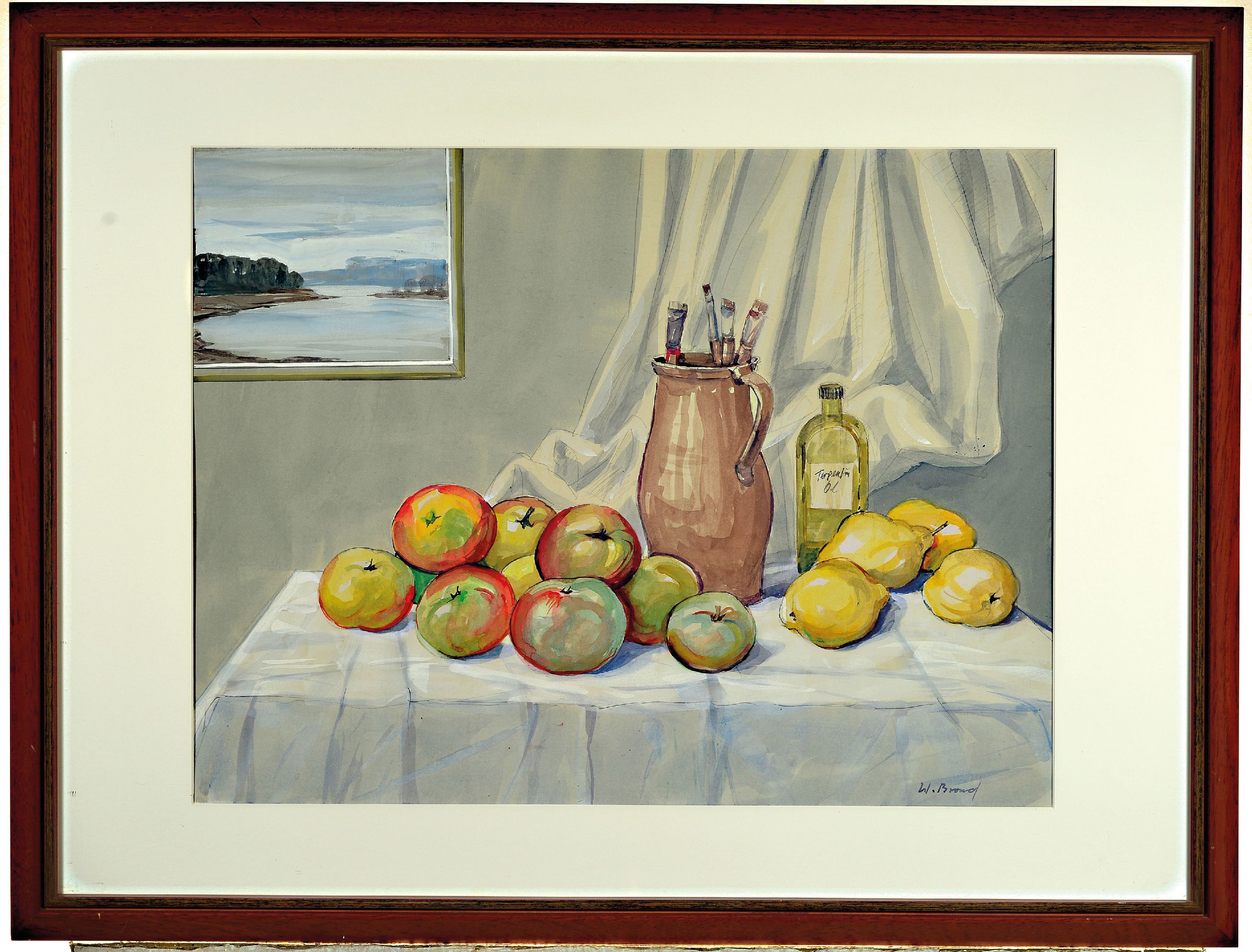 Detail k: Werner Brand, 1933 Löbau-2021 Hochstadt, Aquarell, Stillleben mit Terpentin Flasche einem Krug mit Pinseln, Äpfel und Gemälde des Altrheins, ...