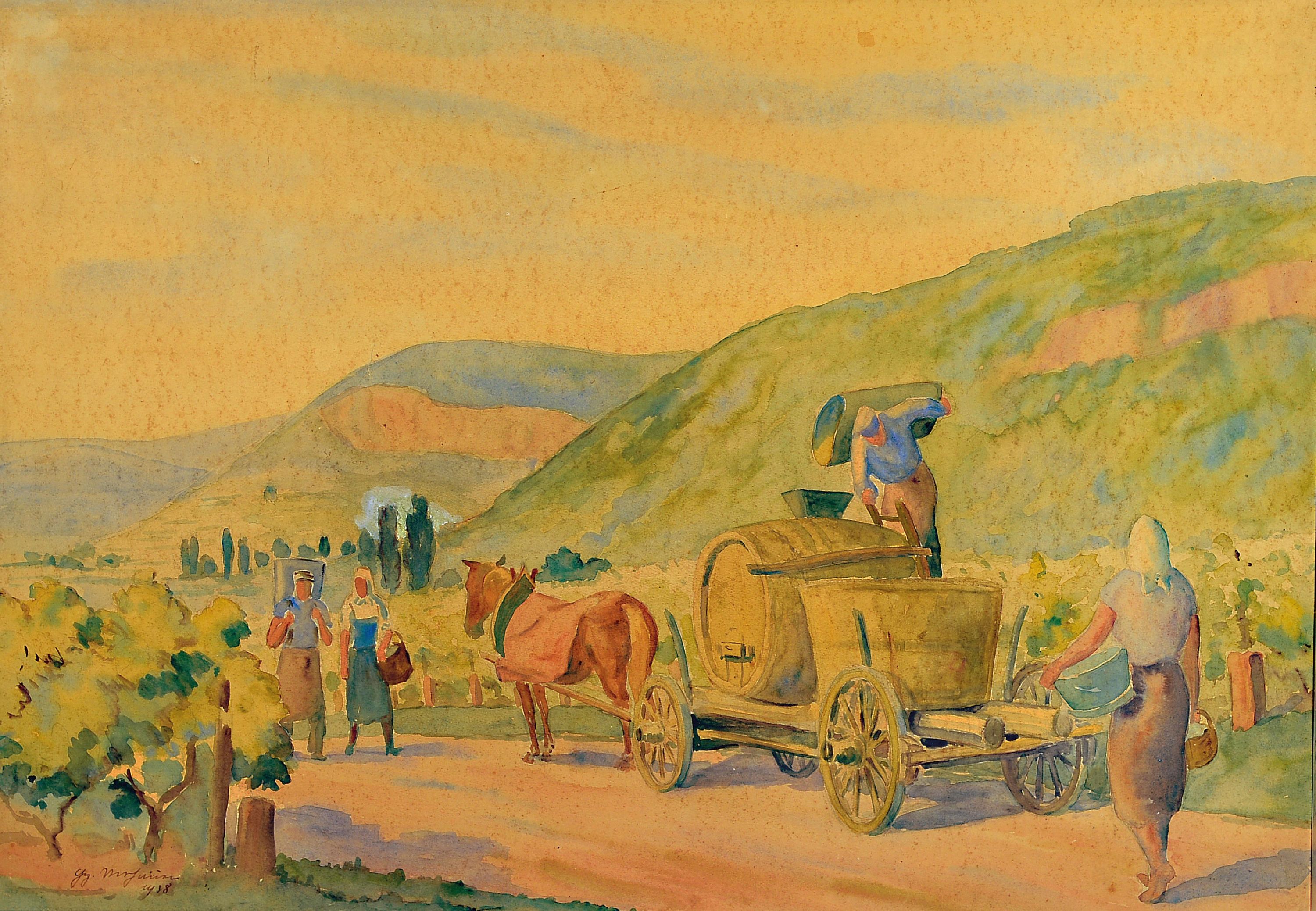 Georg Vorhauer, 1903 Paris-1987 Neustadt, Aquarell, Weinleselandschaft, 1938, signiert und datiert, gebräunt, unter Glas gerahmt 75x94 cm