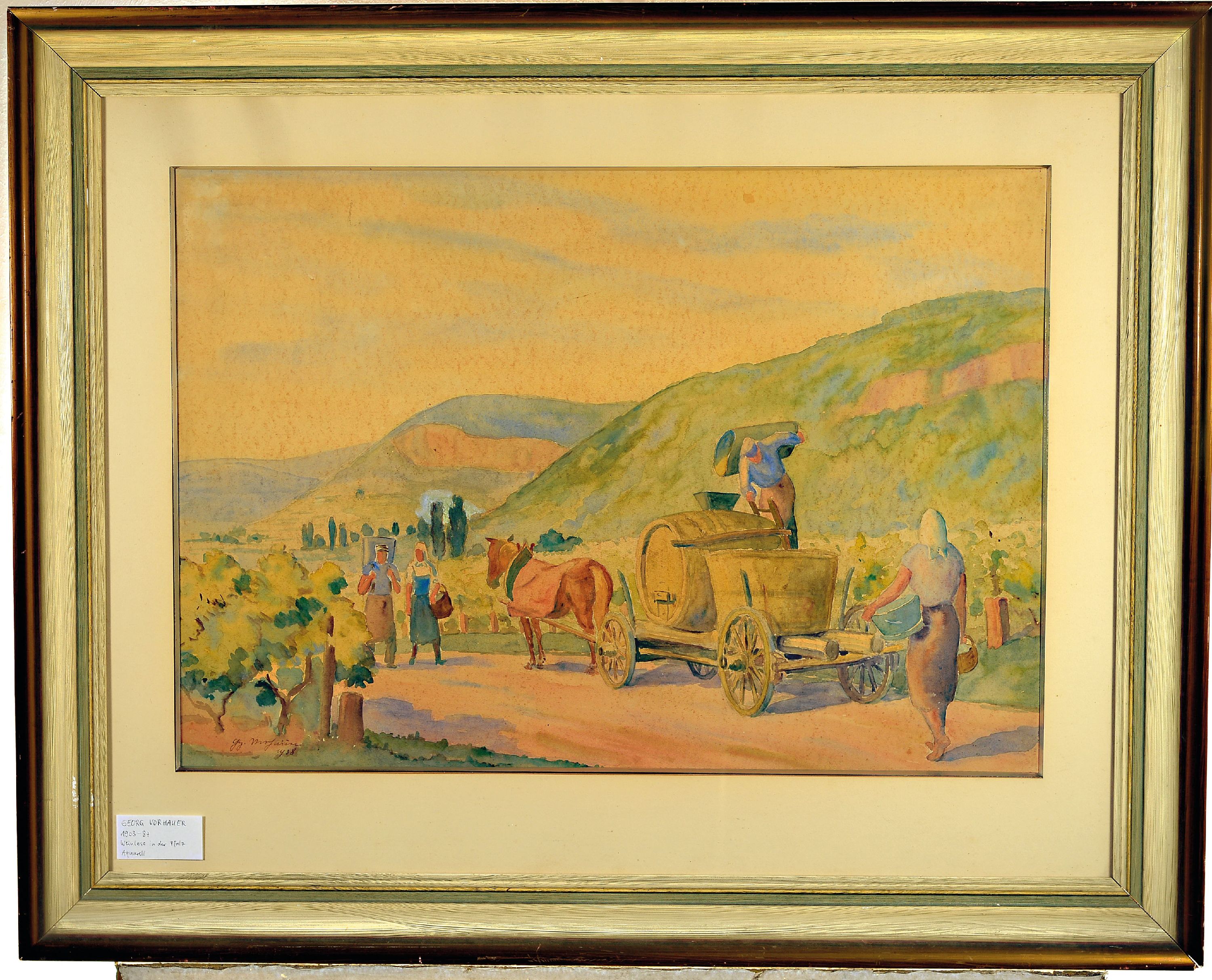 Detail k: Georg Vorhauer, 1903 Paris-1987 Neustadt, Aquarell, Weinleselandschaft, 1938, signiert und datiert, gebräunt, unter Glas gerahmt 75x94 cm