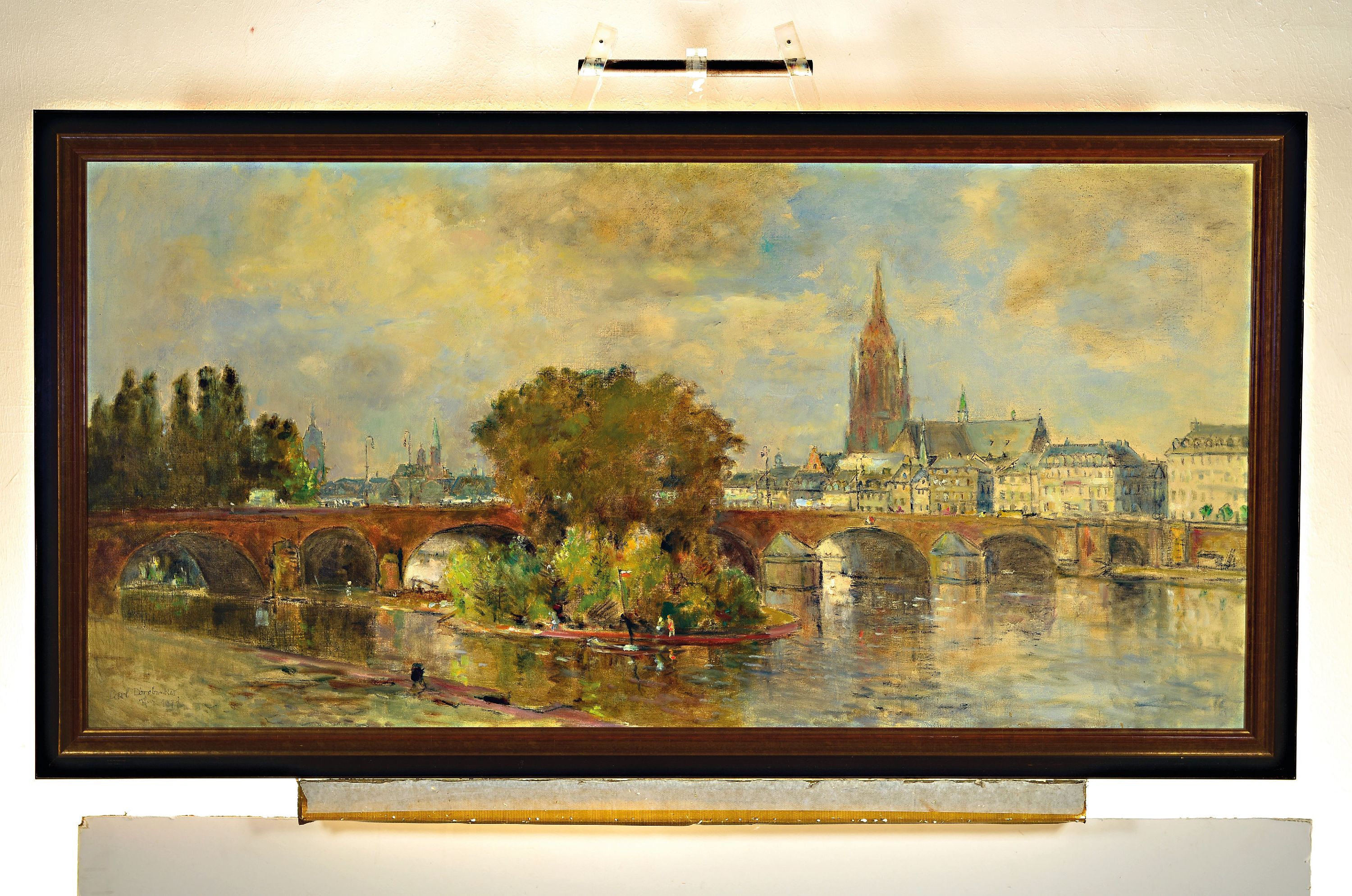 Detail k: Carl Dörrbecker, 1894-1983 Frankfurt a.M.,, Frankfurter Panorama, Blick über den Main und die Alte Brücke auf den kaiserdom St. bartholomäus, ...