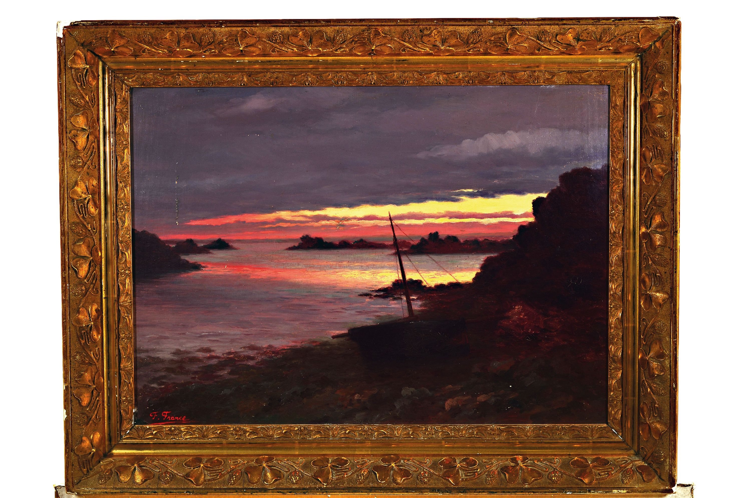 Detail k: Wohl Jean-Baptiste F. France, 1844-1903, spätromantische Flusslandschaft bei Sonnenuntergang, links unten signiert F. France, Öl/Lwd, 43x60 cm, ...