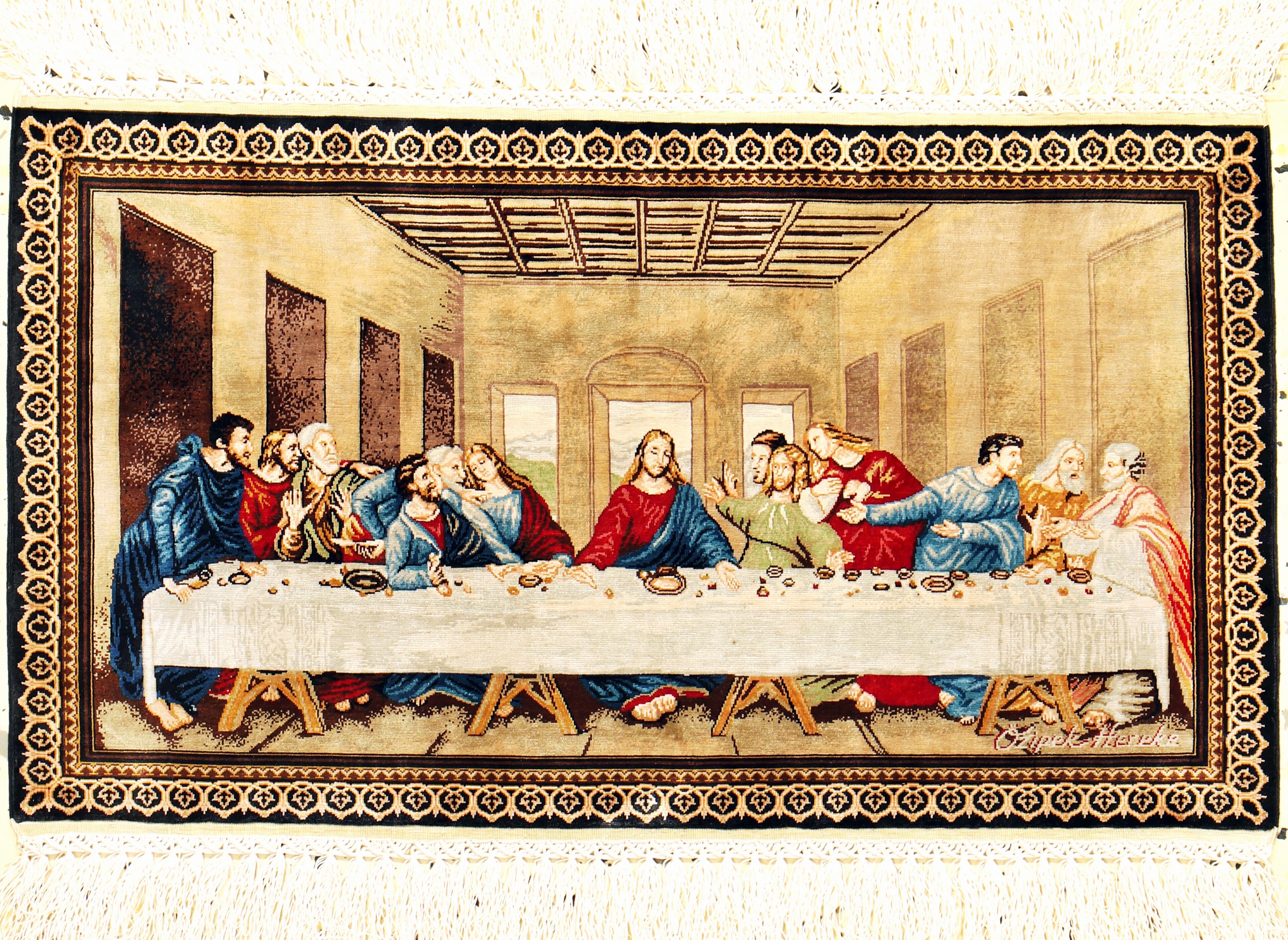 Hereke Seide sehr fein"das letzte Abendmahl" Türkei, signiert"Özipek", Ende 20.Jhd, reine Naturseide, ca. 49 x 30 cm, ca. 2,25 ...