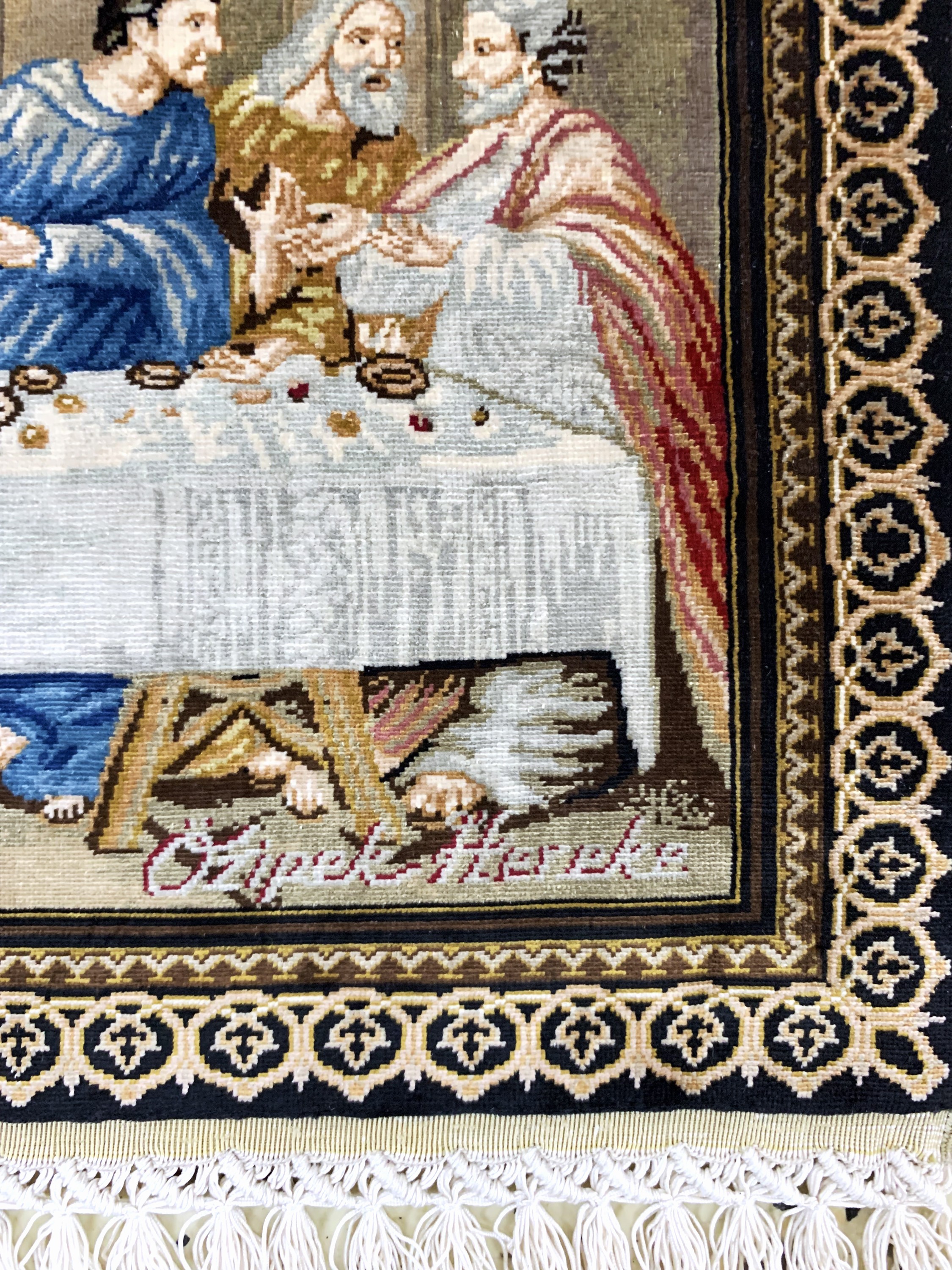 Detail d: Hereke Seide sehr fein"das letzte Abendmahl" Türkei, signiert"Özipek", Ende 20.Jhd, reine Naturseide, ca. 49 x 30 cm, ca. 2,25 ...