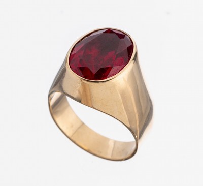Image 26973639 - 14 kt Gold Farbstein-Ring, GG 585/000 gepr., schlichte Gestaltung, gr. ovalfacett. ...