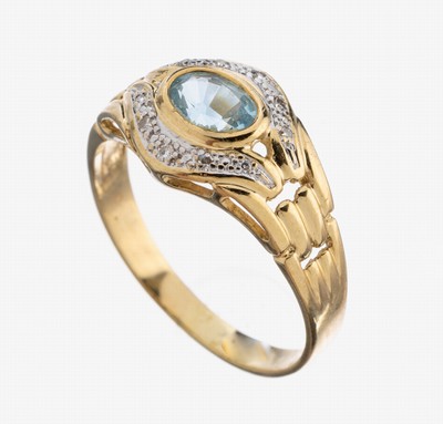Image 26973645 - 14 kt Gold Topas-Diamant-Ring, GG 585/000, mittig ovalfacett. Blautopas (beh.), 10 kl. ...
