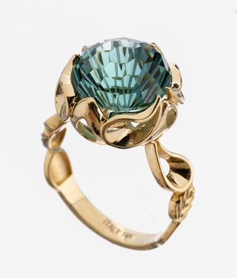 Image 26973647 - 14 kt Gold Farbstein-Ring, GG 585/000, Ringschiene und Fassung aus blattförmigen ...