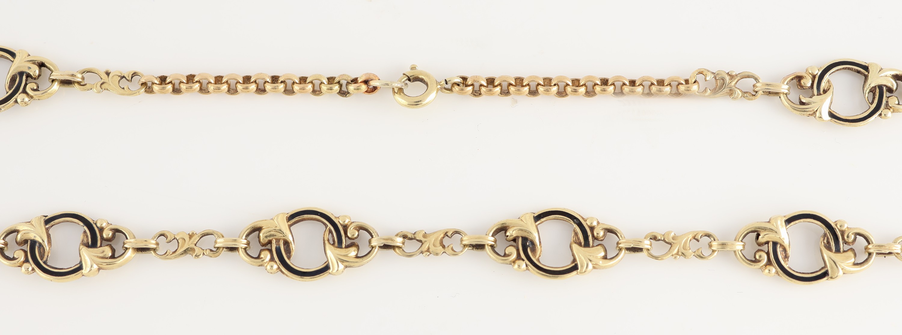 Detail a: 14 kt Gold Biedermeier Collier, um 1860, GG585/000 gepr., geschwungene Glieder, Kreis- elemente mit schwarzem Email (min. besch.), ...