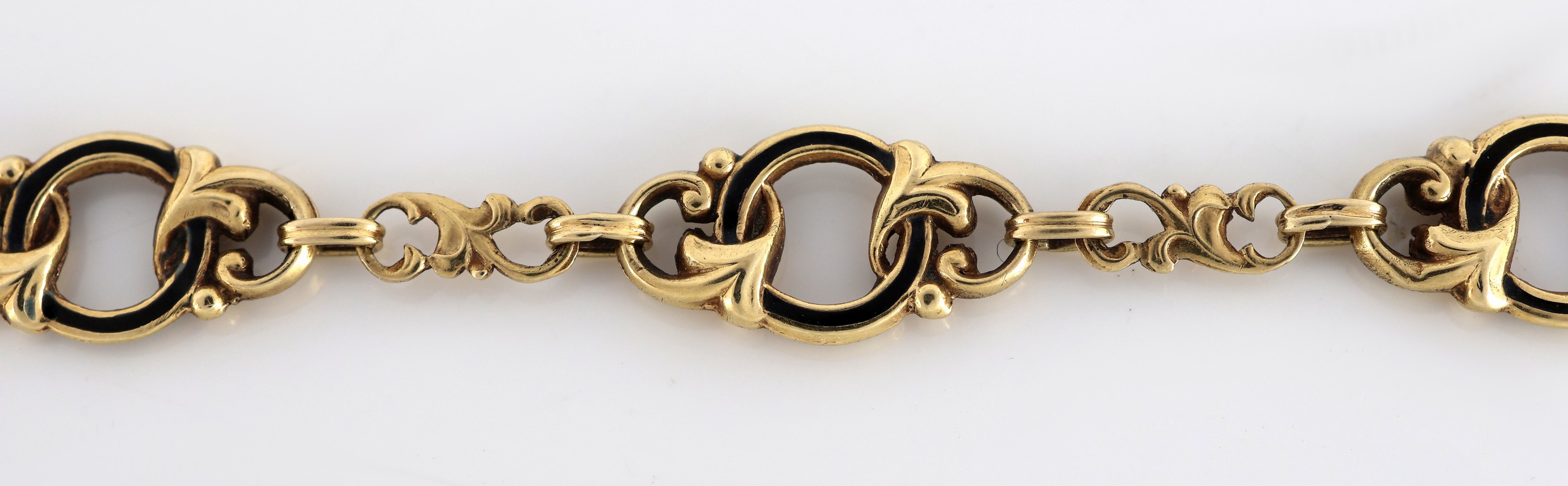 Detail b: 14 kt Gold Biedermeier Collier, um 1860, GG585/000 gepr., geschwungene Glieder, Kreis- elemente mit schwarzem Email (min. besch.), ...