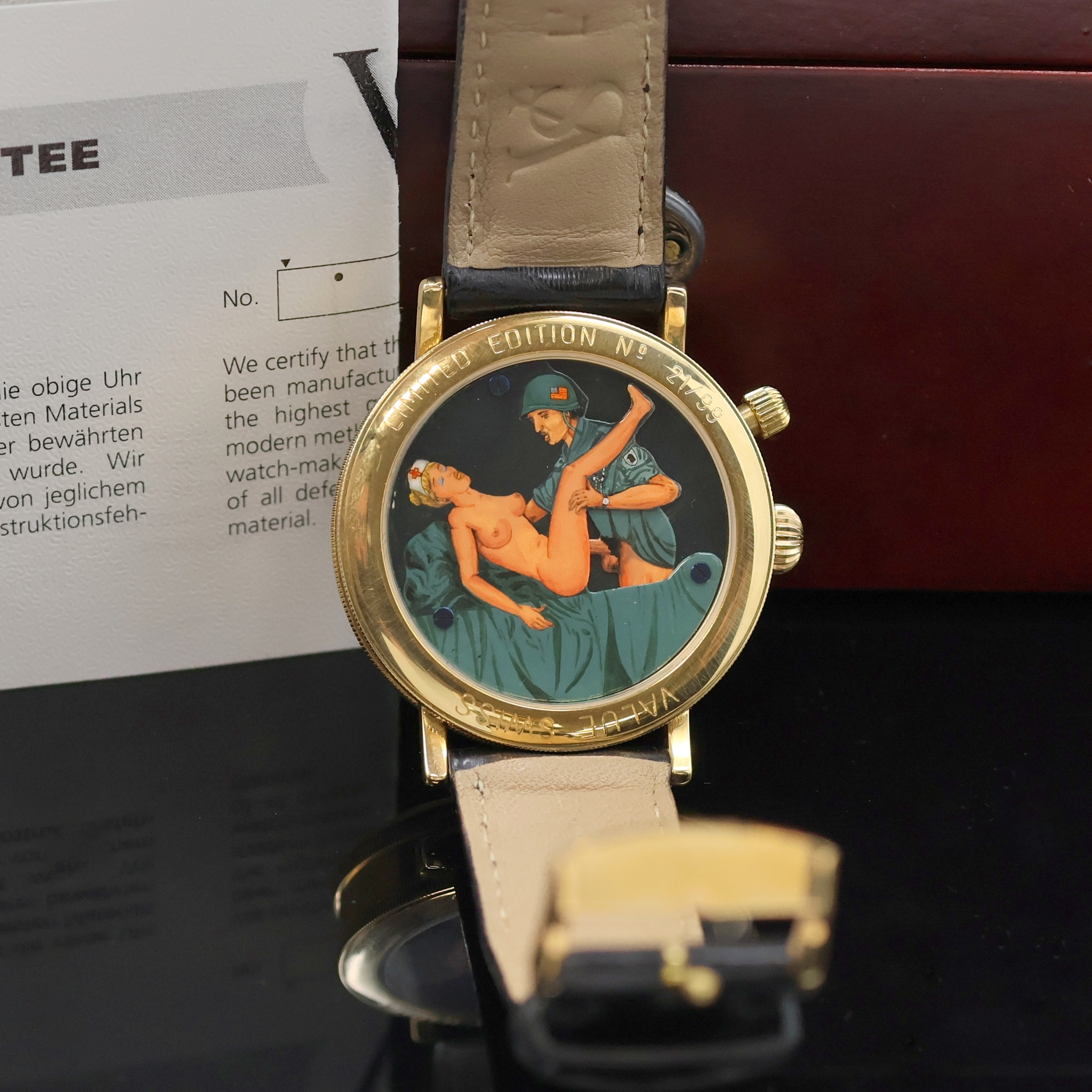 Detail d: VALUE SWISS auf 99 Stück limitierte Herrenarmbanduhr Serie L'heure D`Amour in GG 750/000, Handaufzug, Schweiz um 2000, massiv GG 750/000 inkl. ...