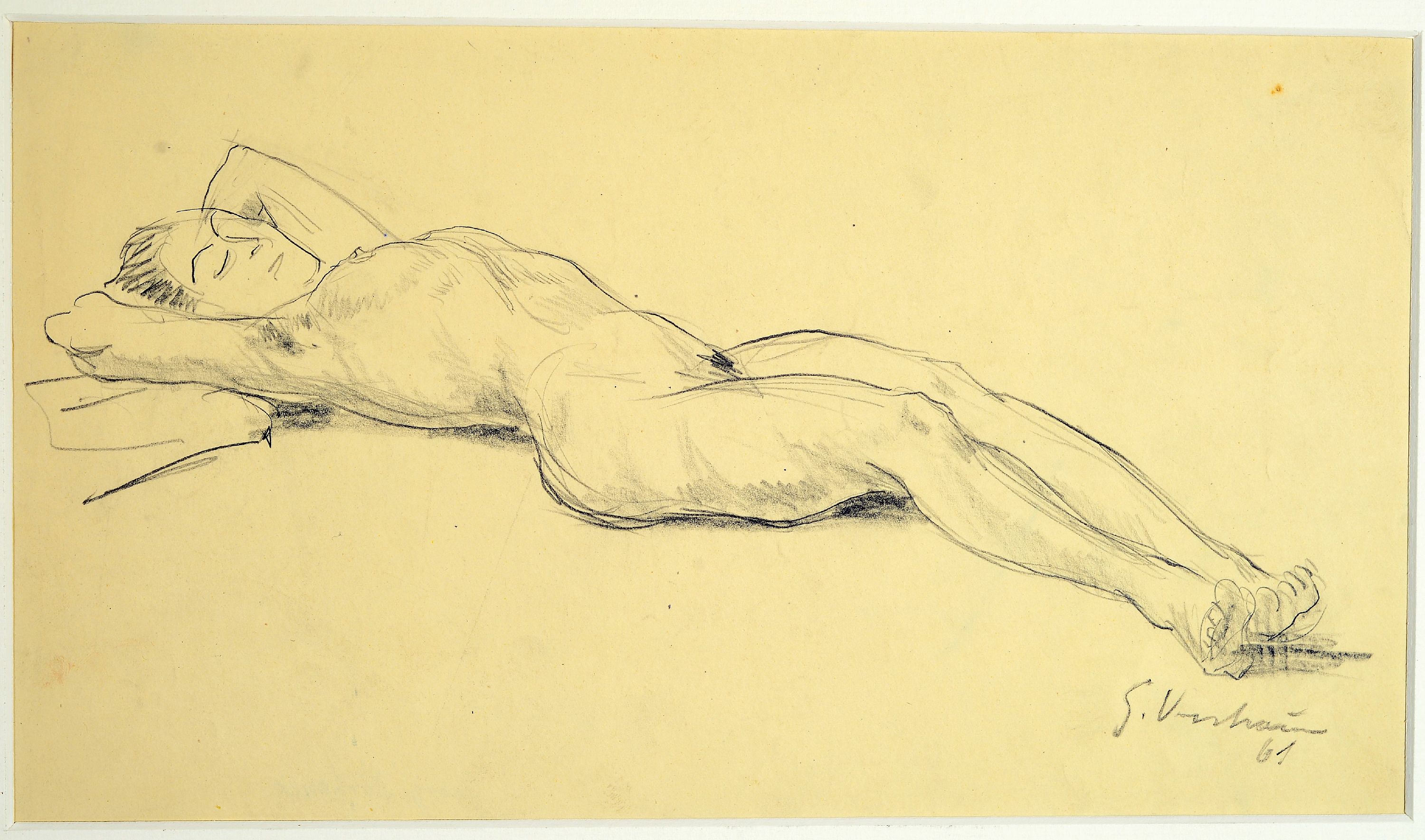 Detail k: Georg Vorhauer, 1903 Paris-1987 Neustadt, Bleistiftzeichnung, Studie, liegender weiblicher Akt, signiert und datiert 1961, unter PP befestigt, Blatt ...