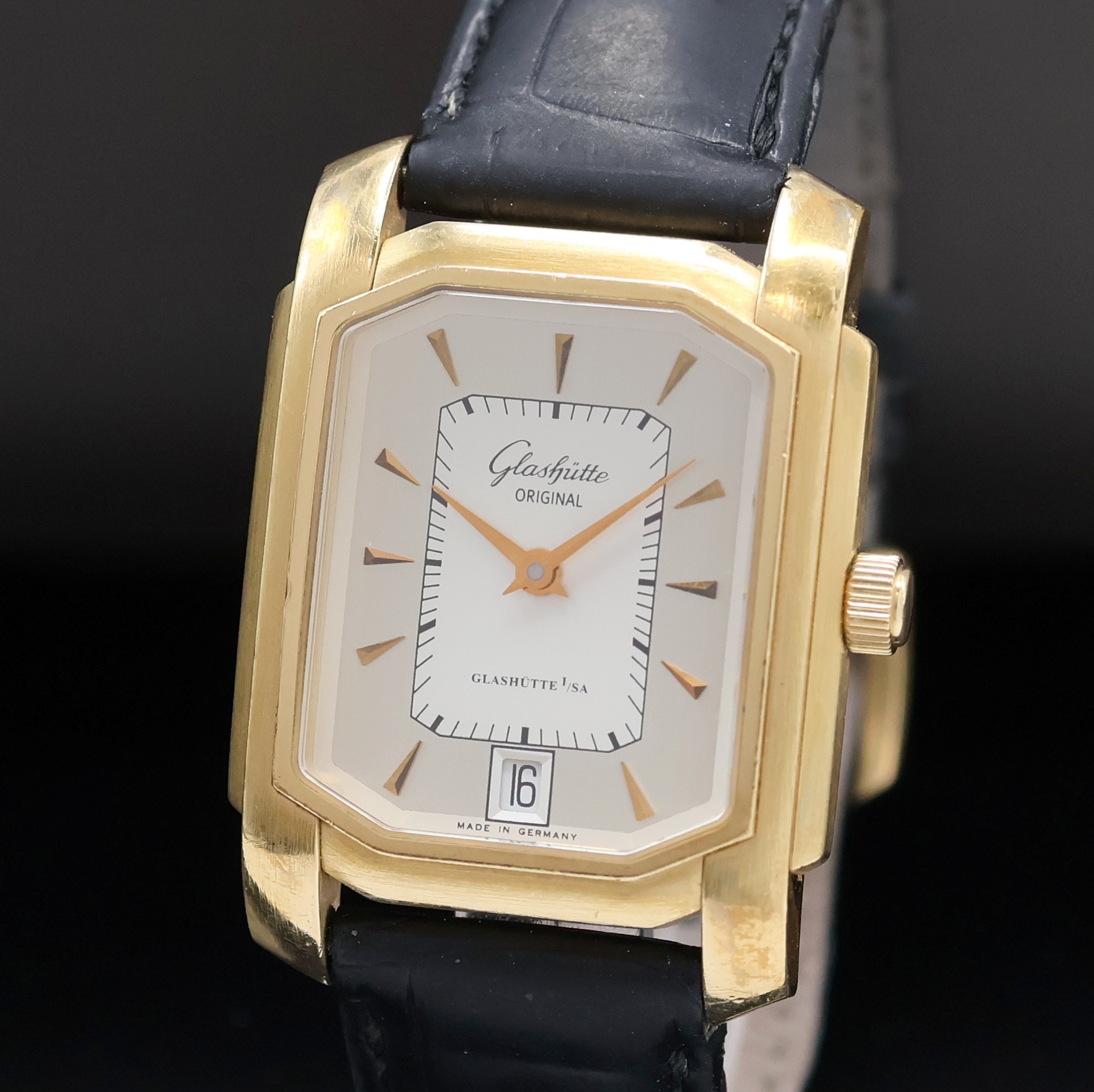 Detail a: GLASHÜTTE ORIGINAL Armbanduhr Senator Karrée in RoseG 750/000, Automatik, Deutschland um 2000, beids. vergl. Geh. inkl. Lederband (zu ern.) m. ...
