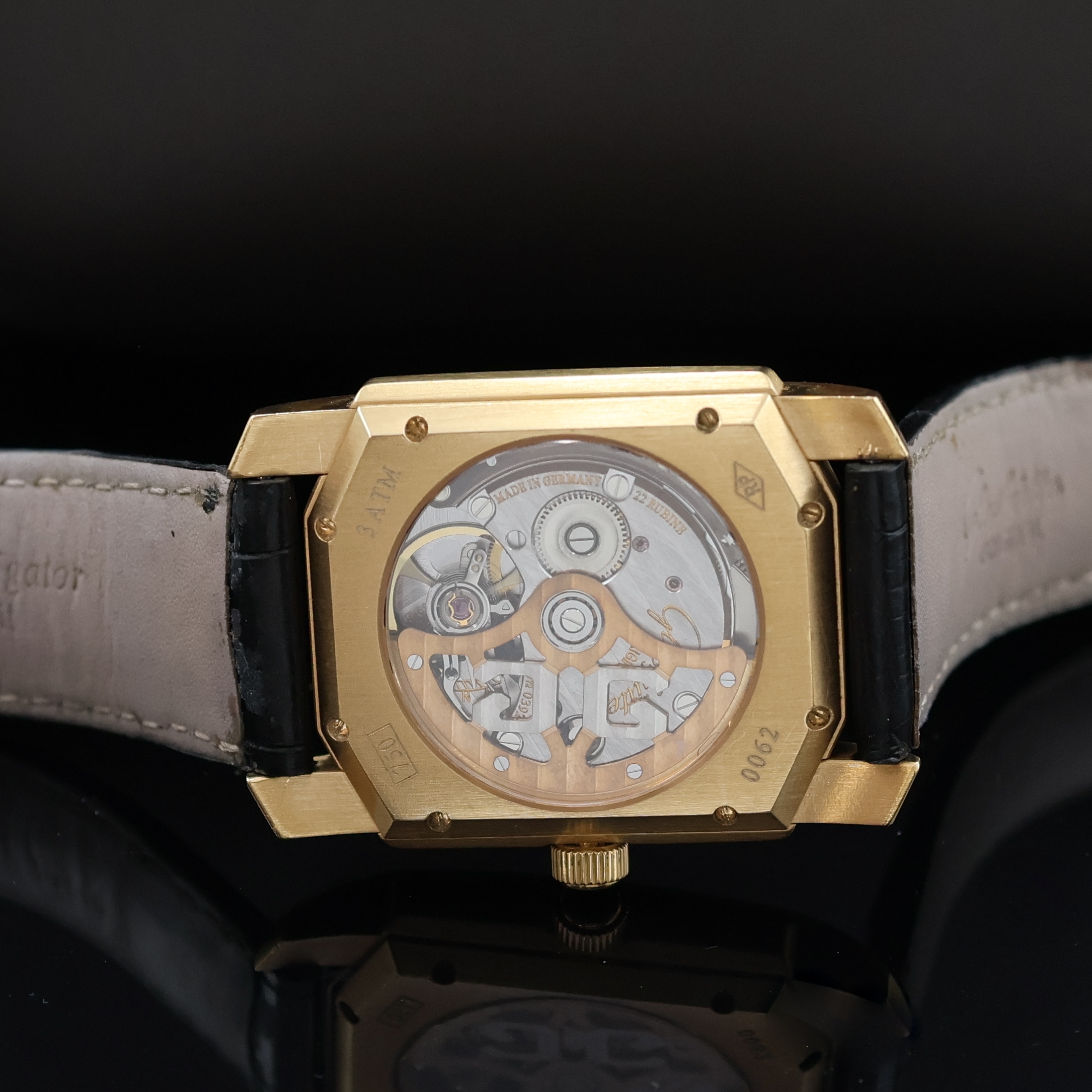 Detail f: GLASHÜTTE ORIGINAL Armbanduhr Senator Karrée in RoseG 750/000, Automatik, Deutschland um 2000, beids. vergl. Geh. inkl. Lederband (zu ern.) m. ...
