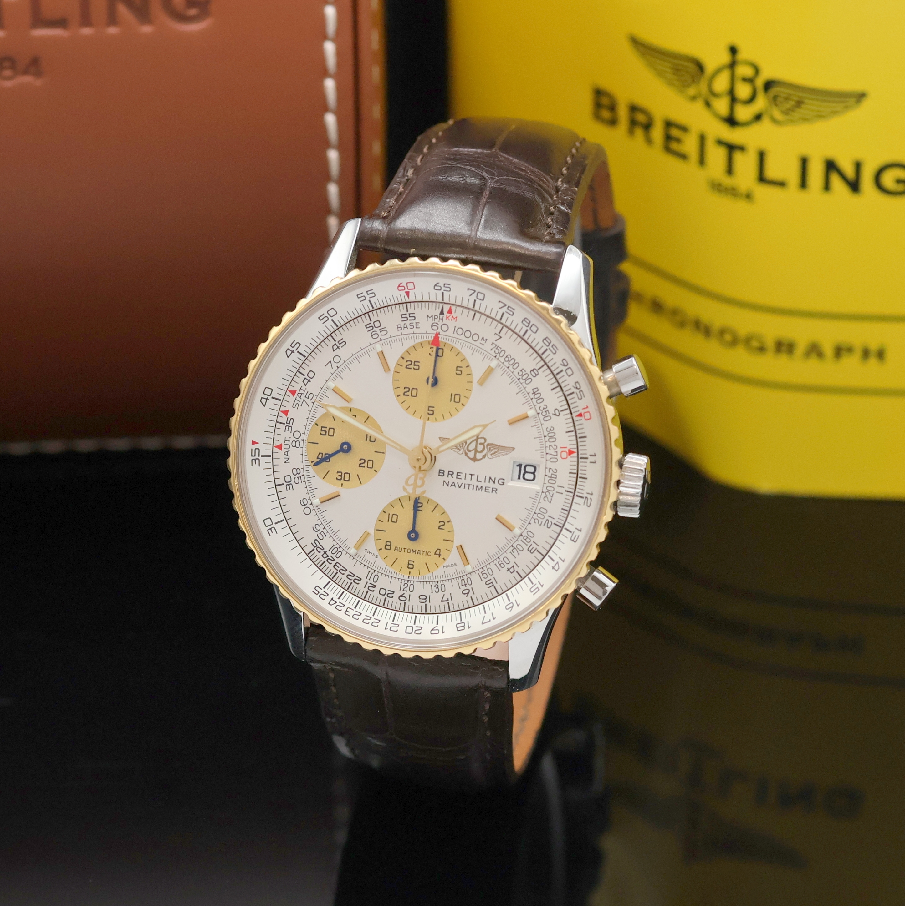 BREITLING Armbandchronograph Old Navitimer Referenz D13022, Automatik, Schweiz um 1998, Edelstahlgeh. inkl. Lederband, Lünette in GG beids. drehb., ...