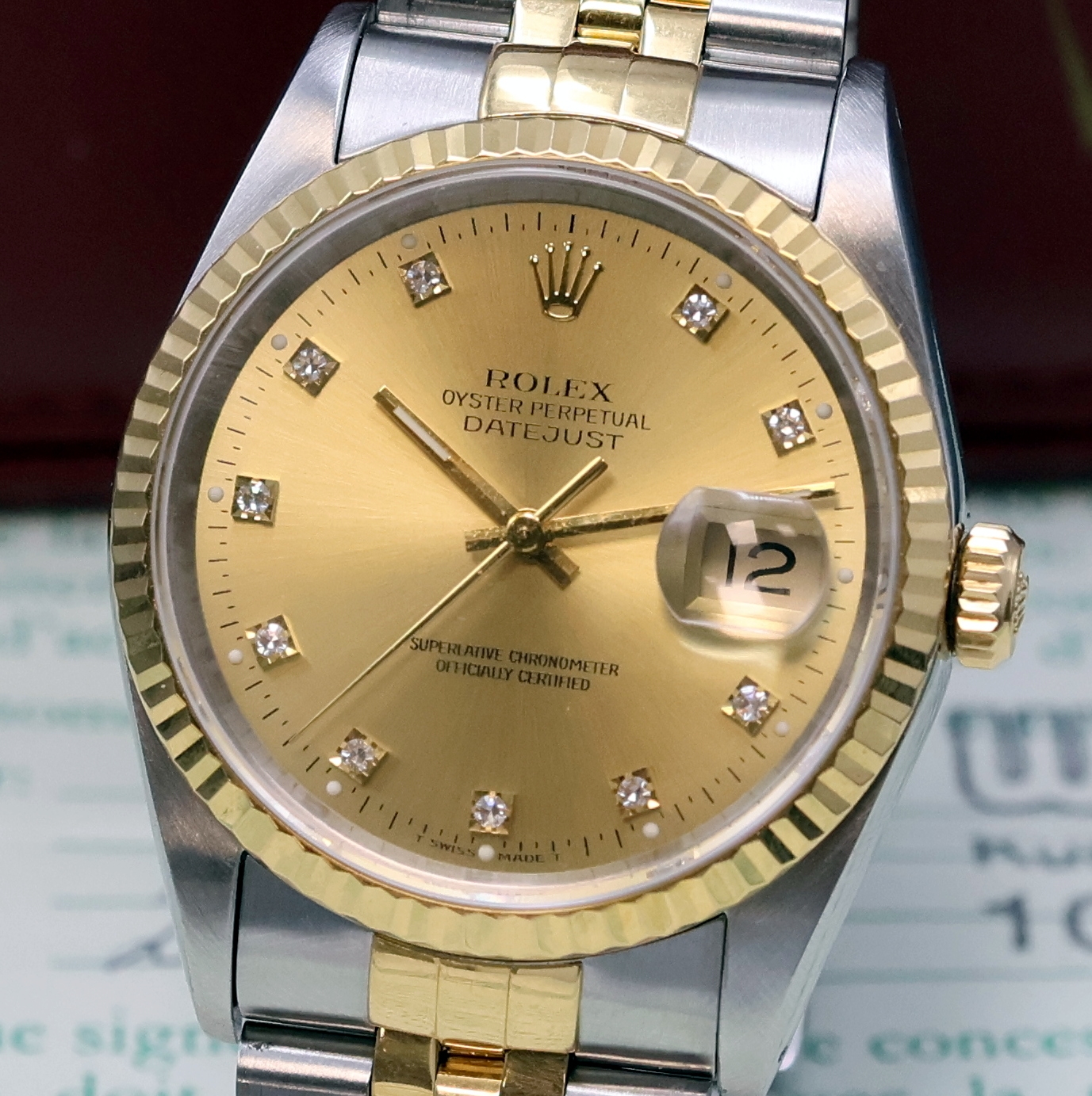 Detail a: ROLEX Oyster Perpetual Datejust Armbanduhr Referenz 16233, Schweiz verk. lt. beil. Zertifikat 10/1993, Automatik, X-Serie, LC 100, Chronometer der ...