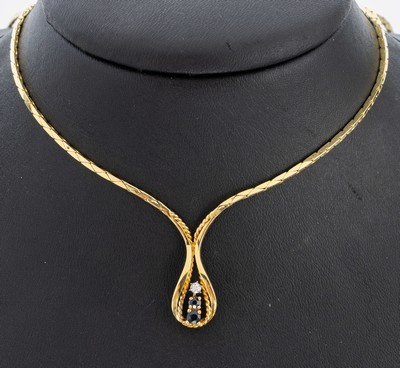 Image 26973717 - 14 kt Gold Saphir-Diamant-Collier, GG/WG 585/000, tropfenf. Mittelteil mit 2 kl. ...