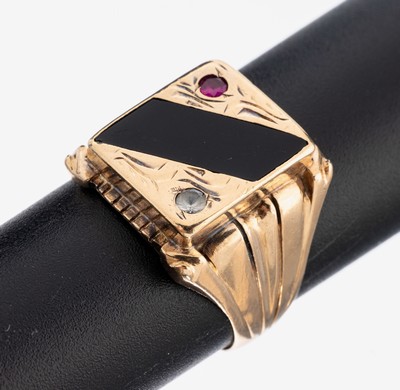 Image 26973740 - 14 kt Gold Herrenring, GG 585/000 gepr., rechteckiger Ringkopf mit schwarzem Email, ...