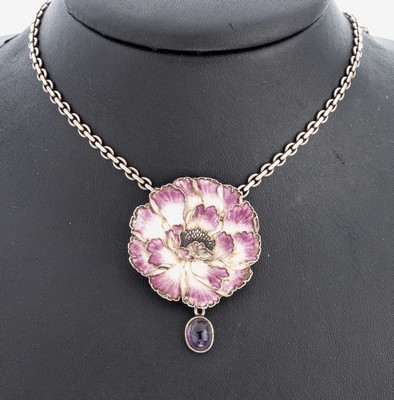 Image 26973755 - Collier mit Email, Silber gepr., Darstellung einer Blüte, weißes und ...