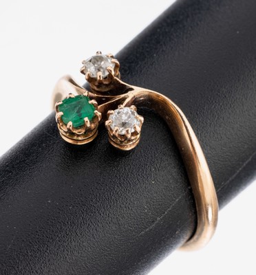 Image 26973758 - 14 kt Gold Jugendstil Diamant-Smaragd-Ring, GG 585/000, feine zarte Verarbeitung, 2 ...