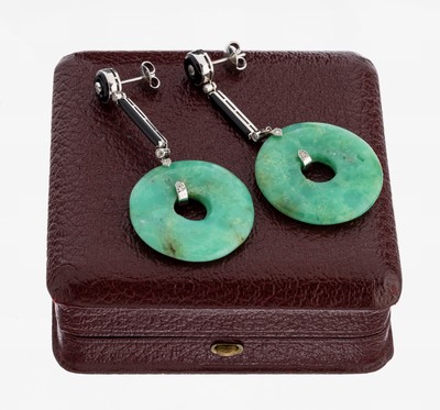Image 26973811 - Paar Art Deco Platin Jade-Diamant-Onyx- Ohrstecker, Pt 950, bewegl., Abhängung mit ...
