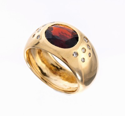 Image 26973894 - 18 kt Gold Granat-Diamant-Ring, GG 750/000,breite Ringschiene, schwere Verarbeitung, ...