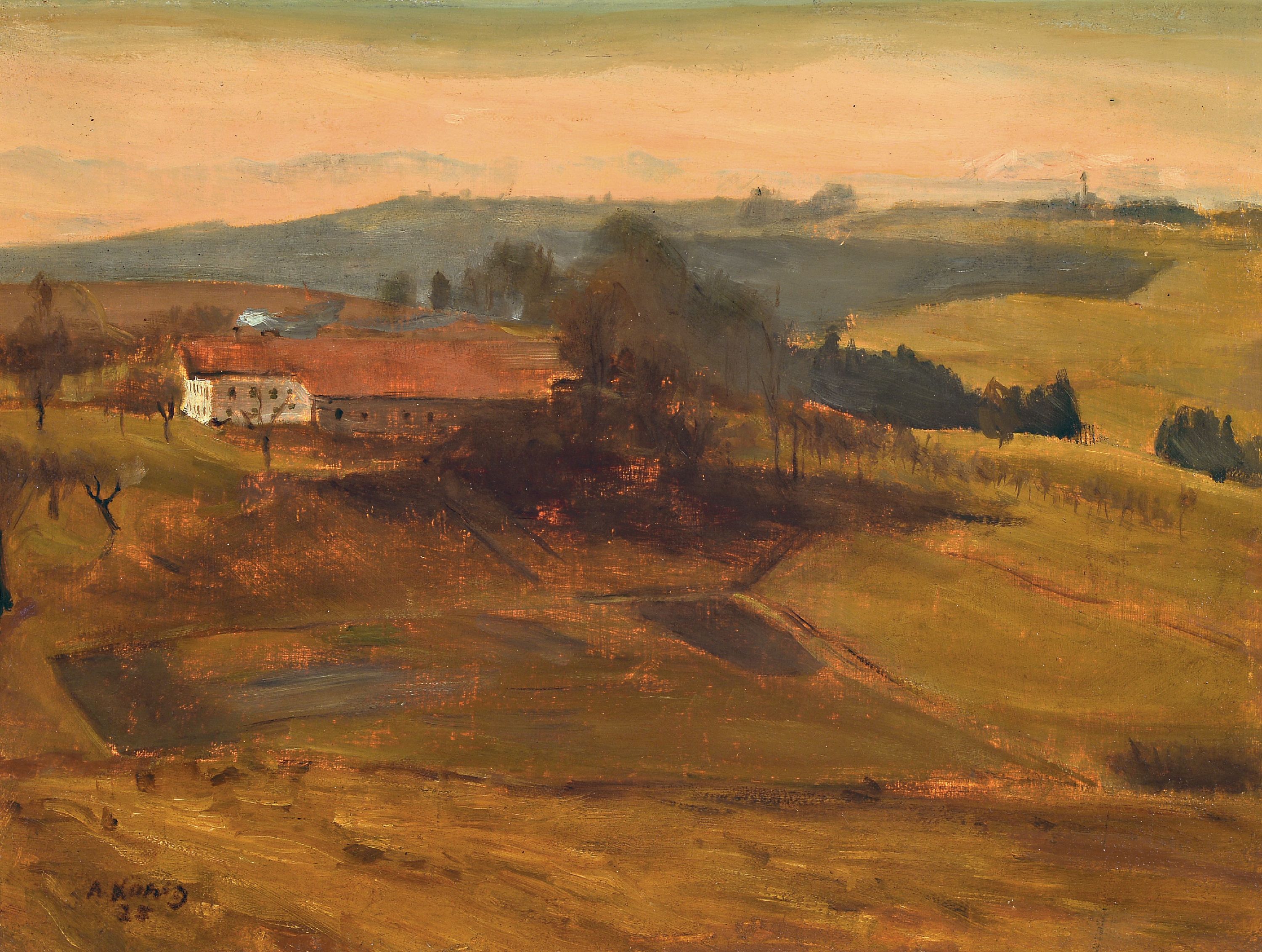 Image 26973930 - Wohl Albert König, 1881-1944, süddeutsche Landschaft, Blick über ein Gehöft, links ...