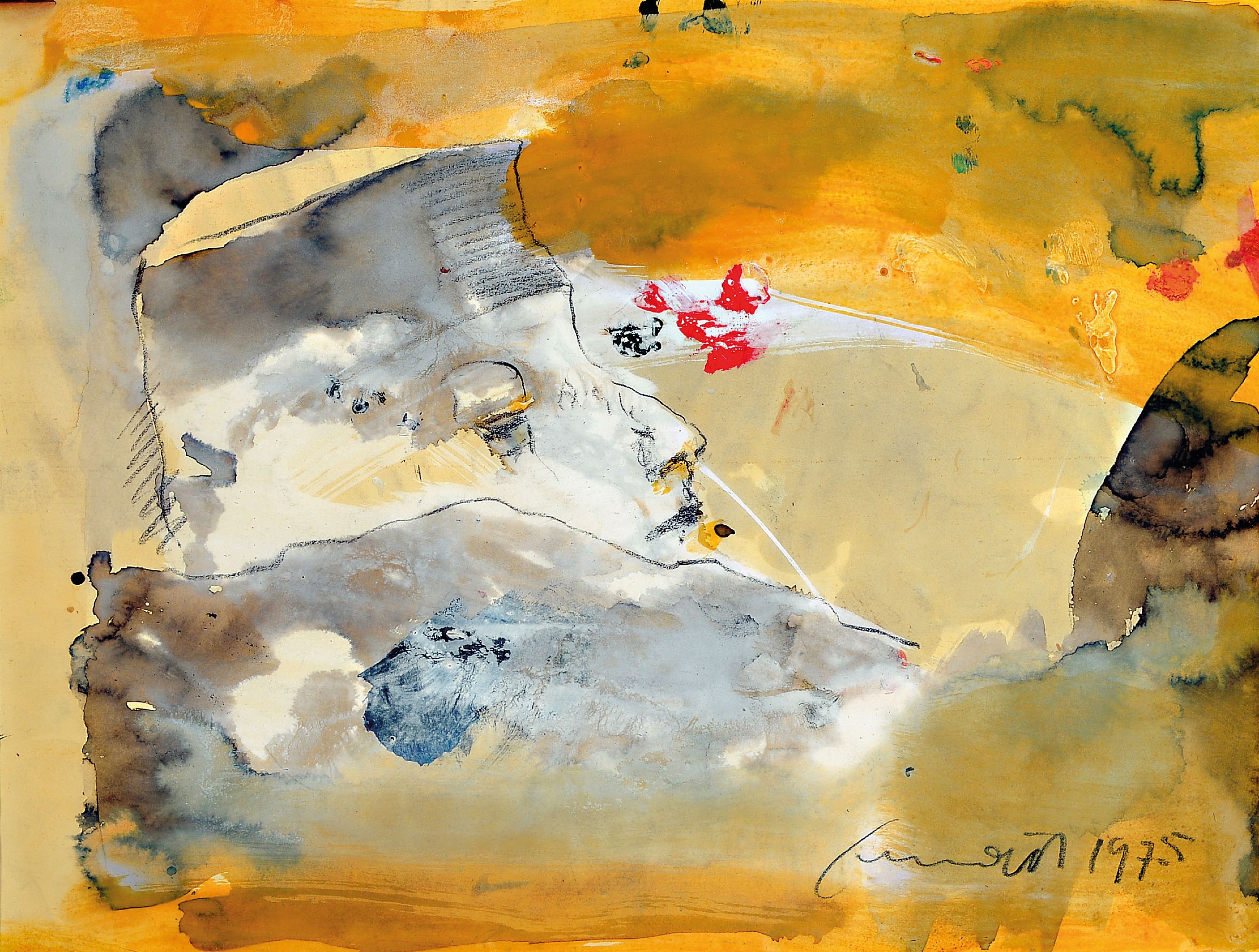 Fred (Alfred) Emmerich, 1928-1999 Mannheim, Aquarell und Gouache, tachistische Kompositionmit Bildnis im Profil, signiert und datiert 1975, unter PP ...