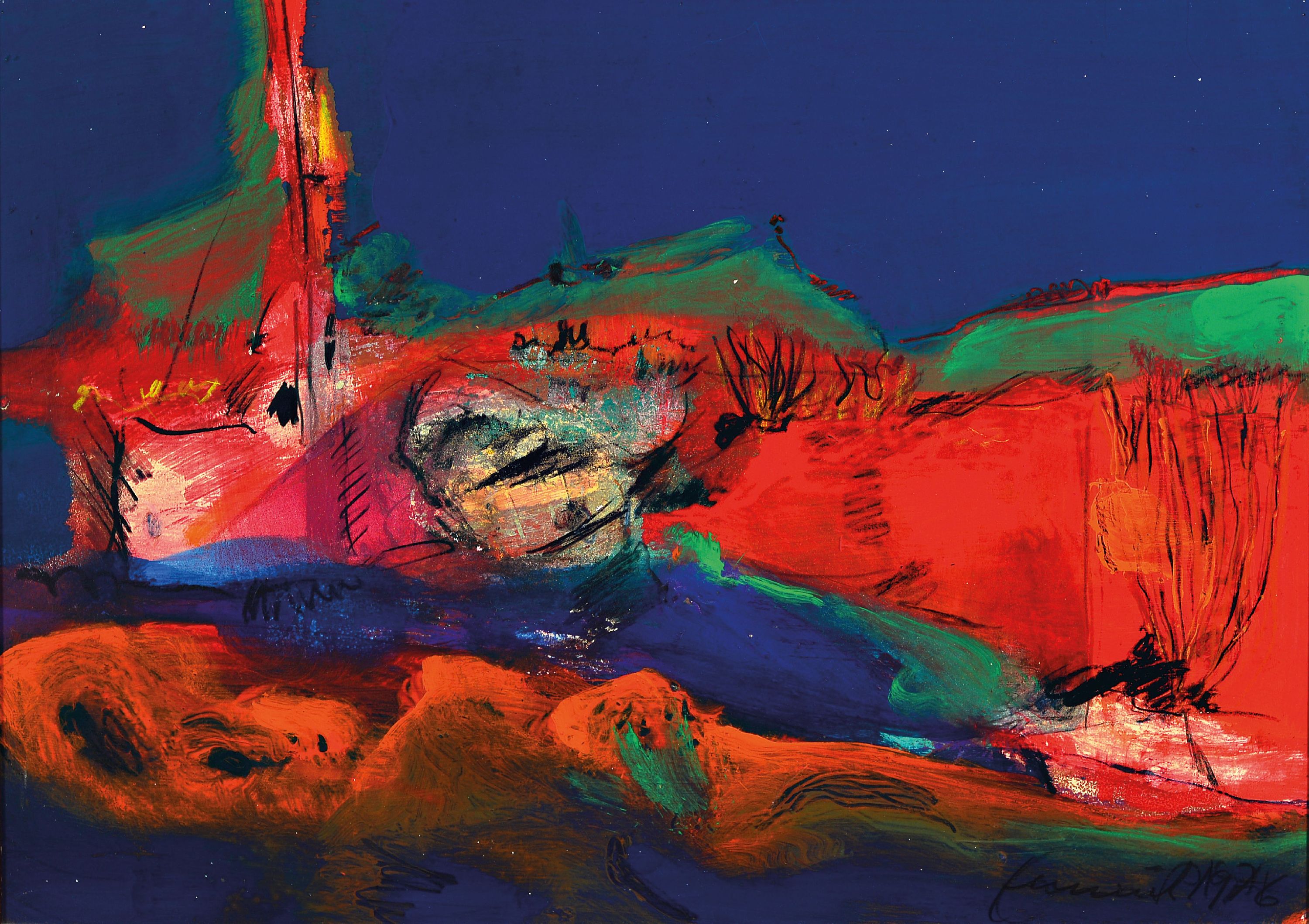 Fred (Alfred) Emmerich, 1928-1999 Mannheim, abstrakte Landschaft, Öl/Masonit, rechts untensigniert und datiert 1976, 42x60 cm, Rahmen 55x73 cm