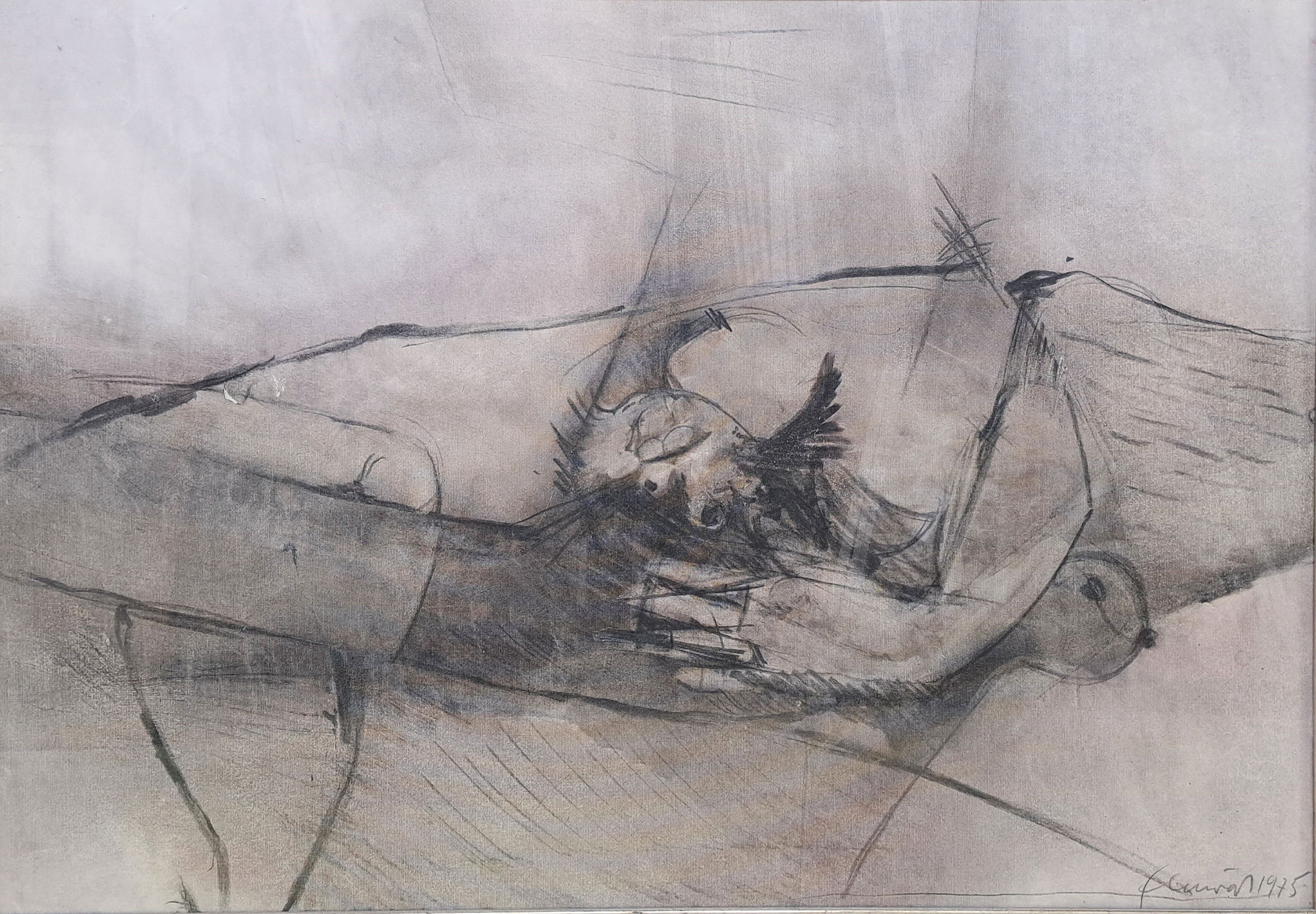 Detail k: Fred (Alfred) Emmerich, 1928-1999 Mannheim, Bleistift auf Leinwand, liegender weiblicher Akt in abstrahierender Manier, rechts unten signiert und ...