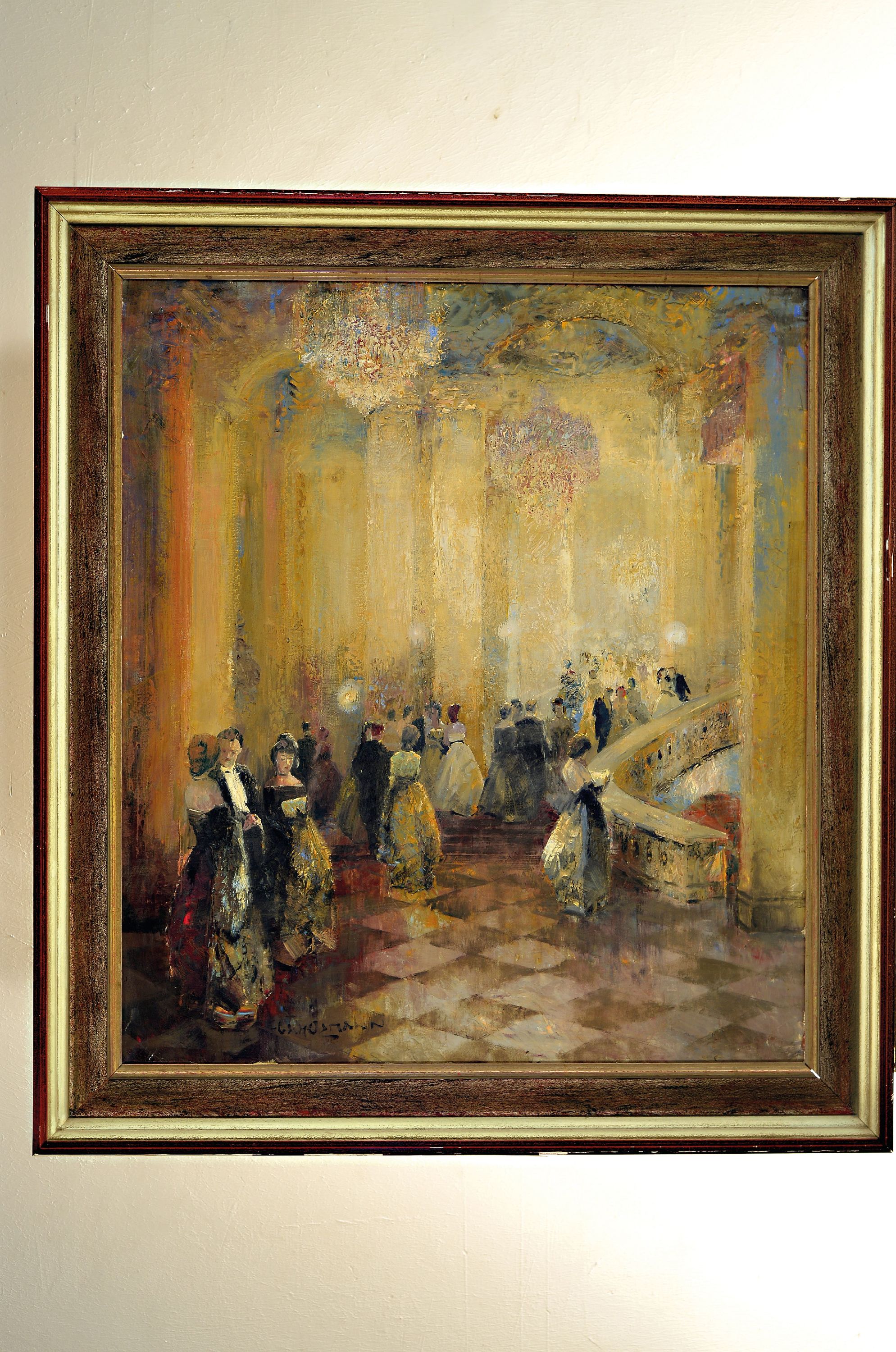 Detail k: Ludwig Gschossmann, 1913 München-1988 Tegernsee, Ballgesellschaft, links unten signiert, Öl/Lwd, 80x70 cm, Rahmen l. best. 95x85 cm