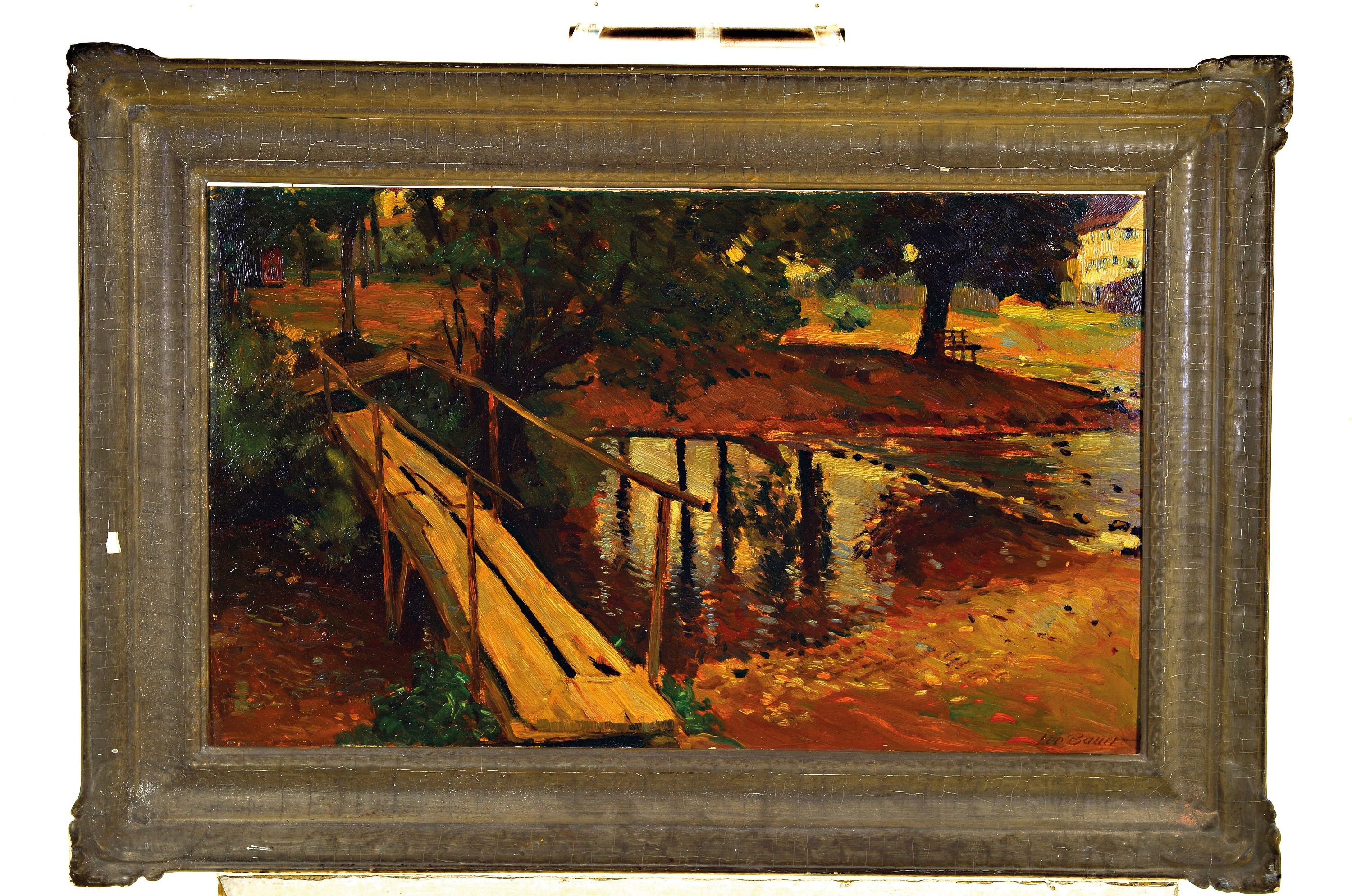 Detail k: Leo Bauer, 1872 Münstertal-1960 Stuttgart, Parklandschaft, Steg über einen sich windenden Fluss, impessionistischer Duktus, rechts unten signiert, ...