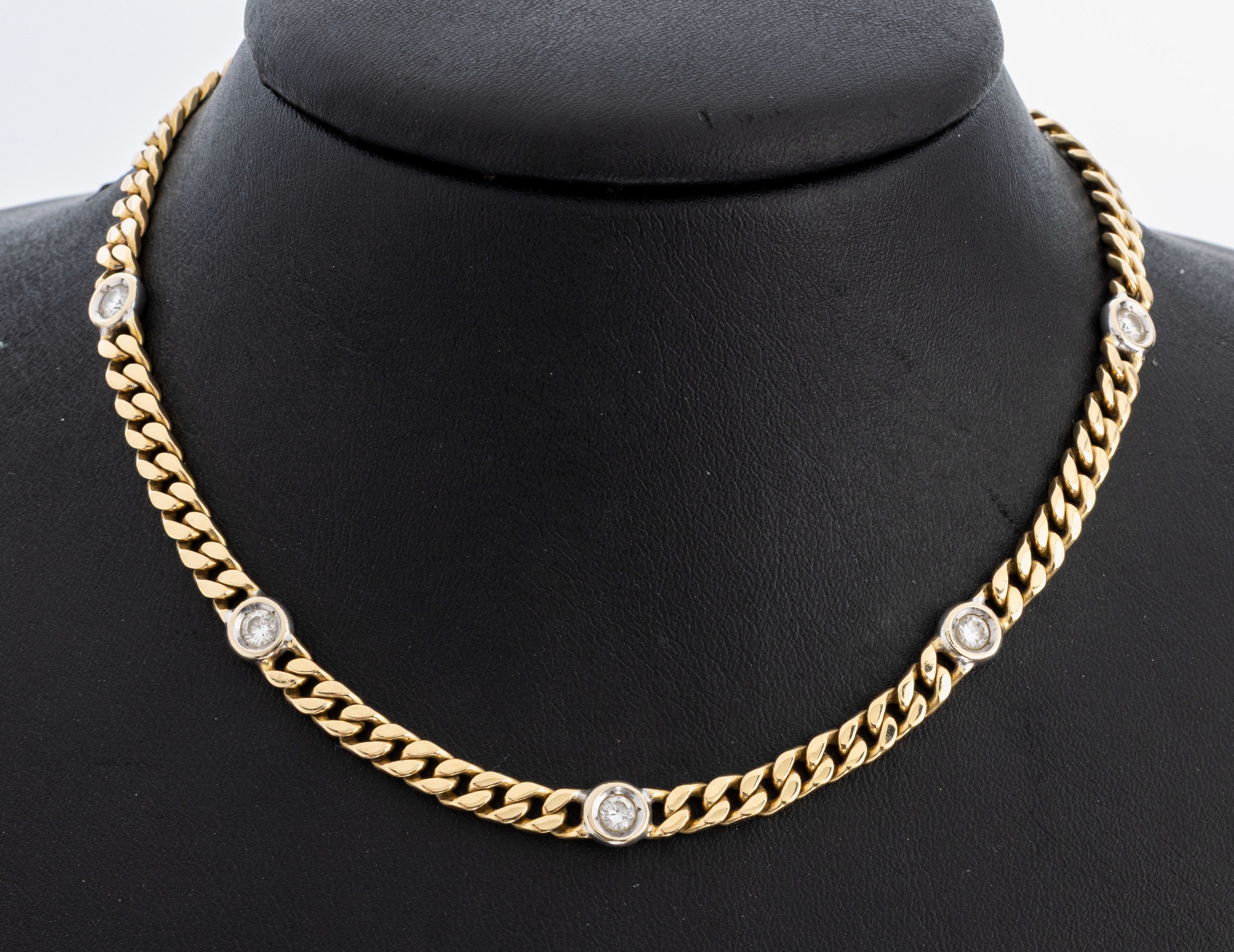 14 kt Gold Brillant-Collier, GG/WG 585/000,5 einzeln in WG gefasste Brillanten zus. ca. 1.0 ct Weiß/si, L. ca. 43 cm, Kastenschloss mit ...