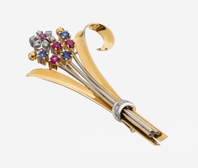 Image 26973901 - 18 kt Gold Diamant-Rubin-Saphir-Brosche, 1950er Jahre, GG/WG 750/000, Darstellung eines ...