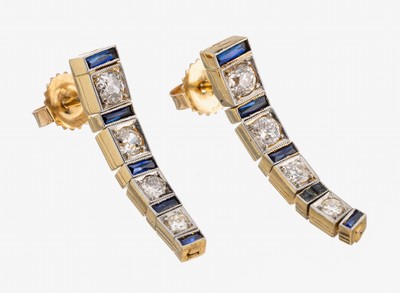 Image 26973915 - Paar 18 kt Gold Diamant-Saphir-Ohrstecker, GG 750/000 gepr., schauseitig Platin, ...