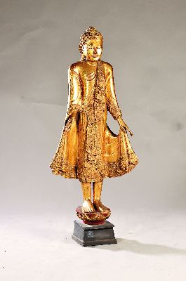 Image 26973970 - Stehender Buddha, Thailand, 20.Jh., Holz geschnitzt, geprägt und mit Glassteinen ...